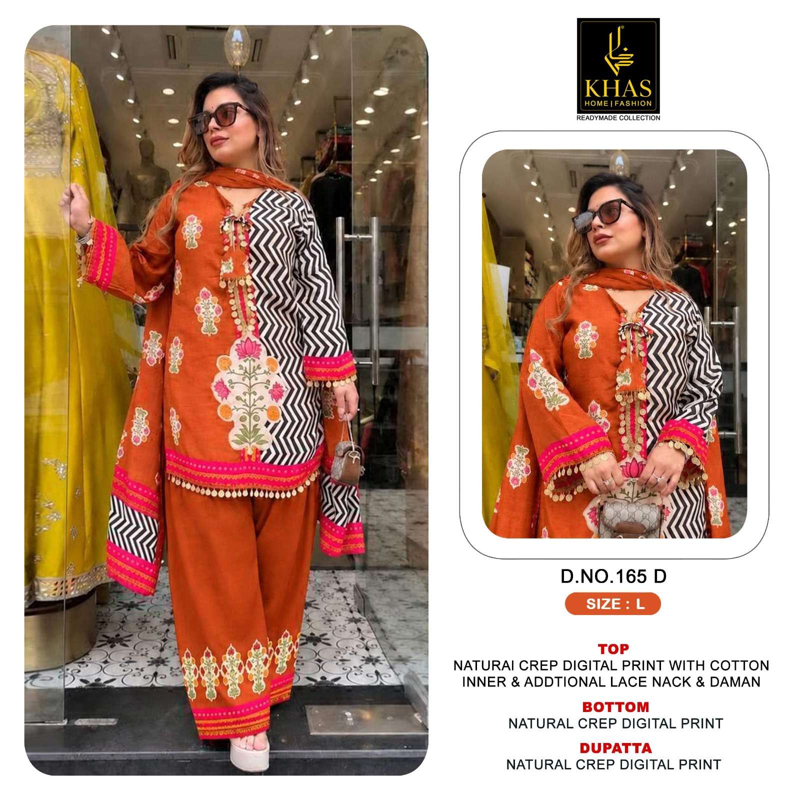 KHAS FASHION D NO 165 CREPE DIGITAL PRINT WITH DESIGNER WORK READY MADE PAKISTANI SUIT 