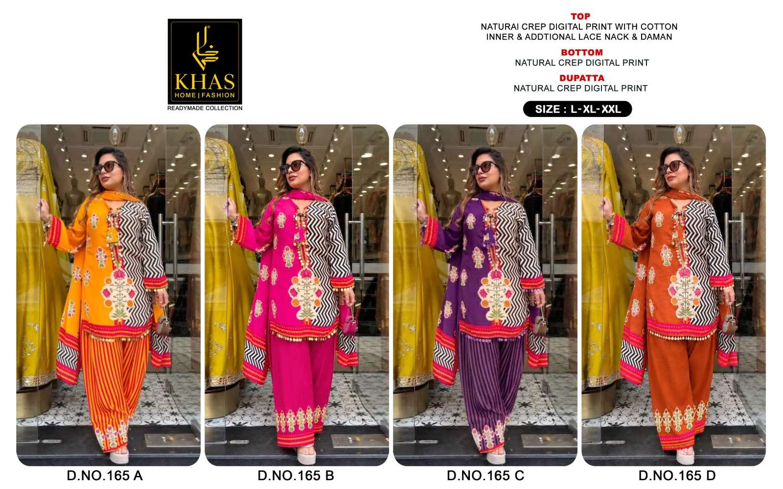KHAS FASHION D NO 165 CREPE DIGITAL PRINT WITH DESIGNER WORK READY MADE PAKISTANI SUIT 