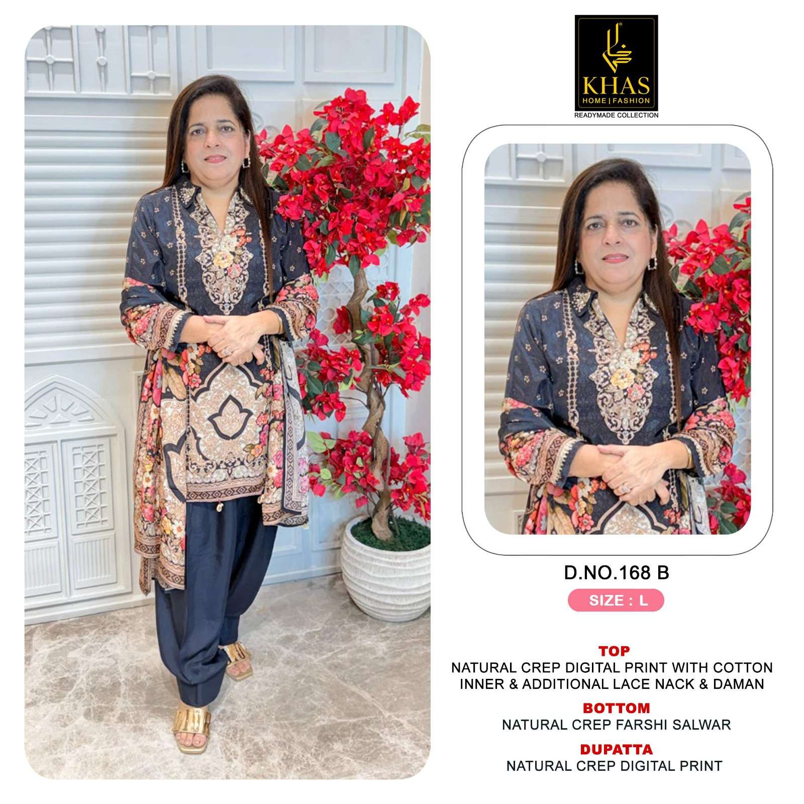 KHAS FASHION D NO 168 CREPE DIGITAL PRINT WITH DESIGNER WORK READY MADE PAKISTANI SUIT 