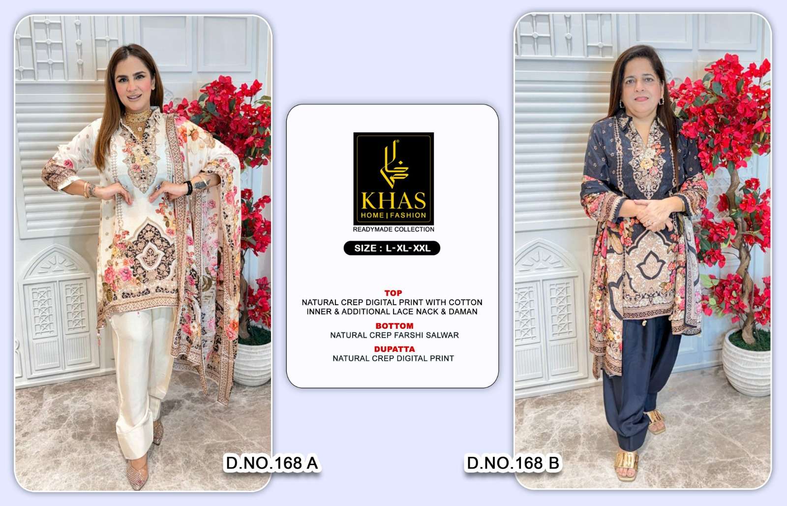 KHAS FASHION D NO 168 CREPE DIGITAL PRINT WITH DESIGNER WORK READY MADE PAKISTANI SUIT 