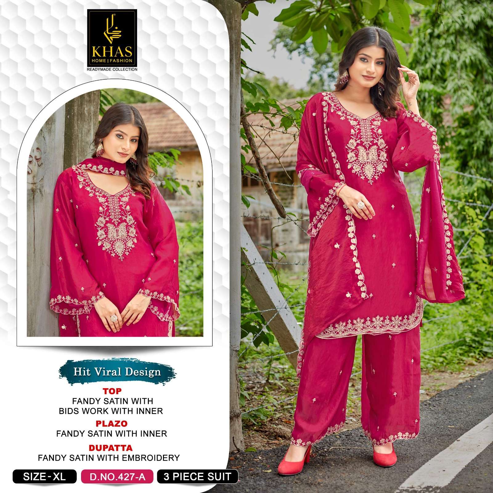 KHAS FASHION D NO 427 SATIN EMBROIDERY DESIGNER WORK READY MADE PAKISTANI SUIT