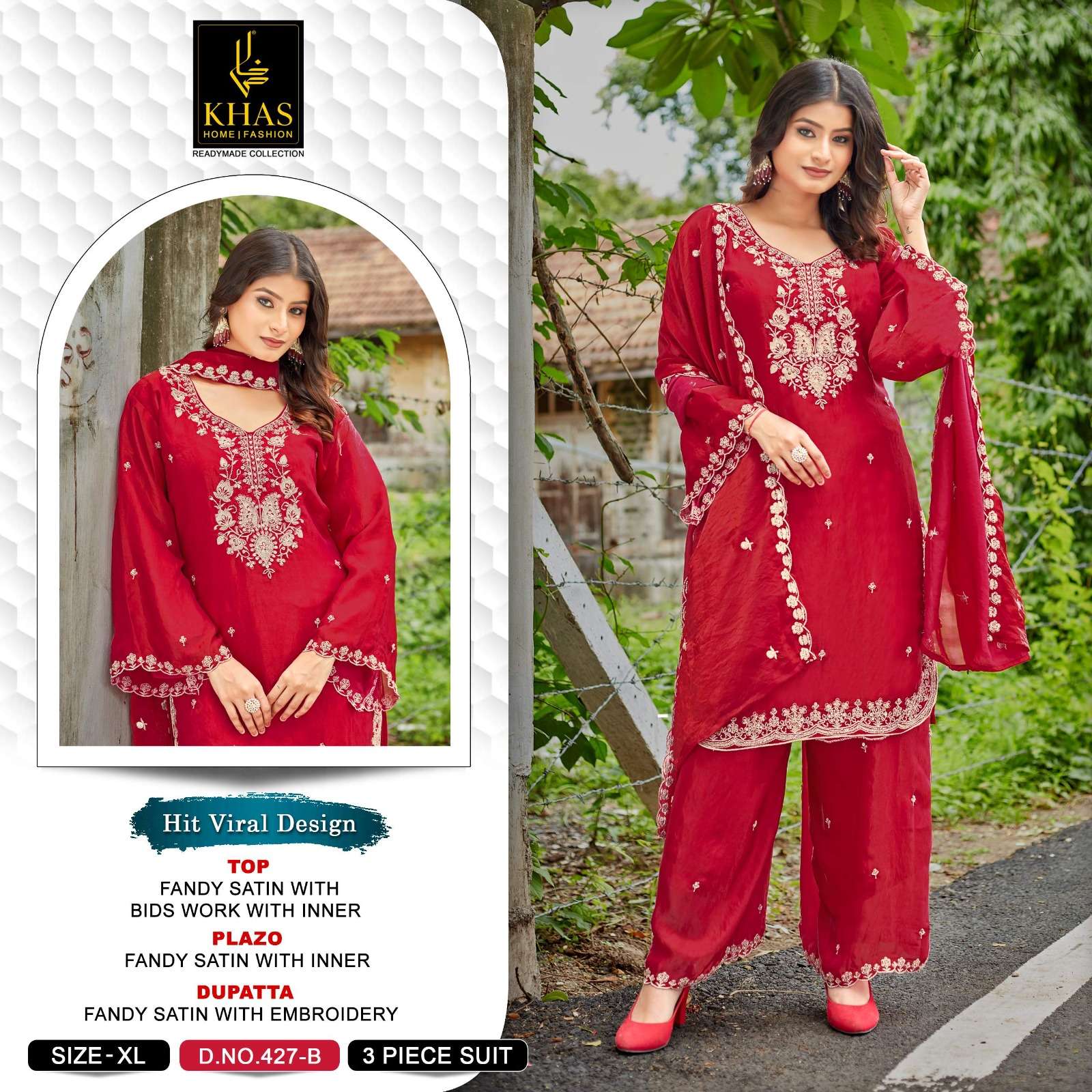 KHAS FASHION D NO 427 SATIN EMBROIDERY DESIGNER WORK READY MADE PAKISTANI SUIT