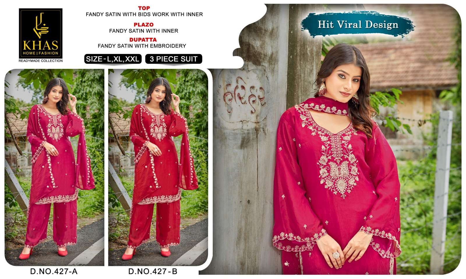 KHAS FASHION D NO 427 SATIN EMBROIDERY DESIGNER WORK READY MADE PAKISTANI SUIT