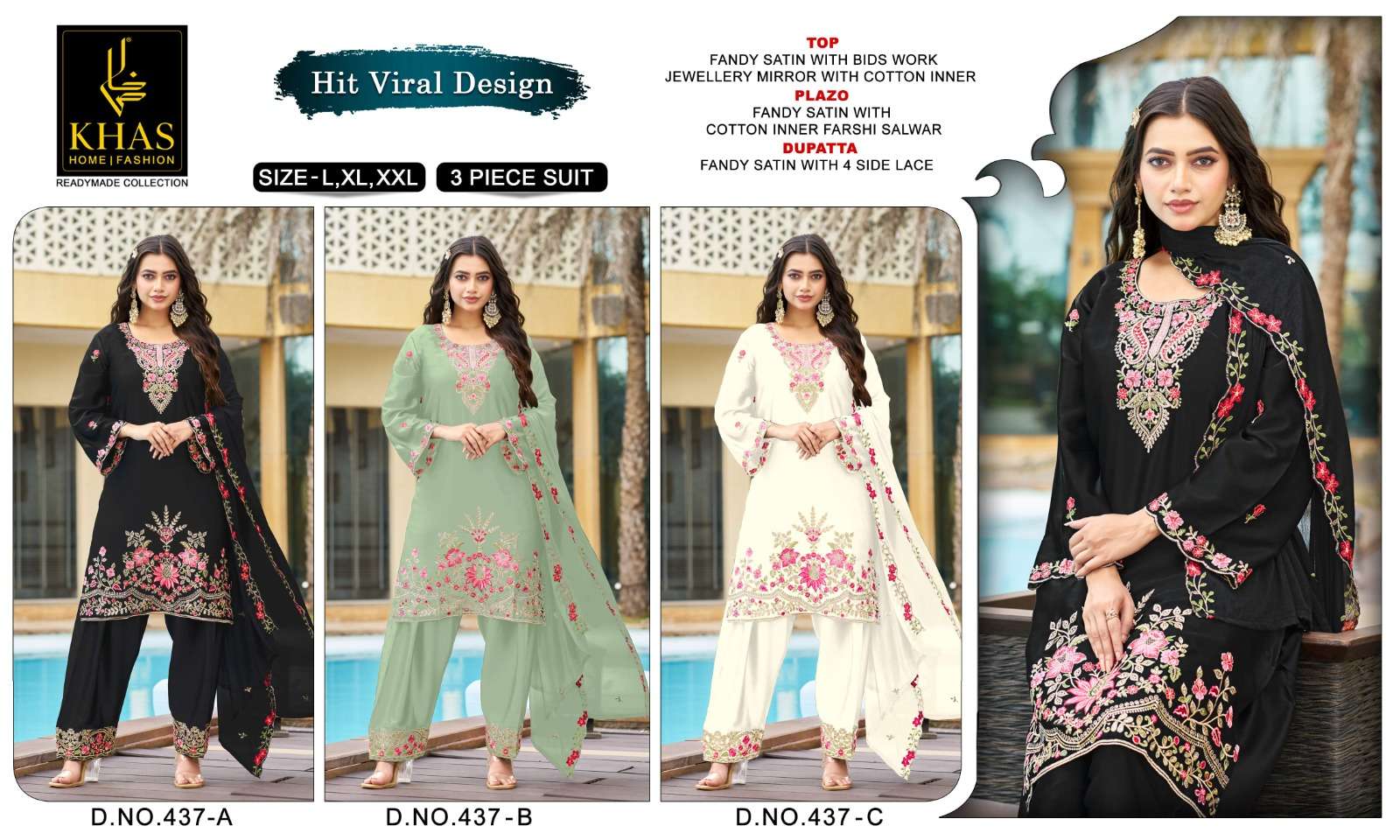 KHAS FASHION D NO 437 SATIN EMBROIDERED DESIGNER READY MADE FESTIVE WEAR SUIT