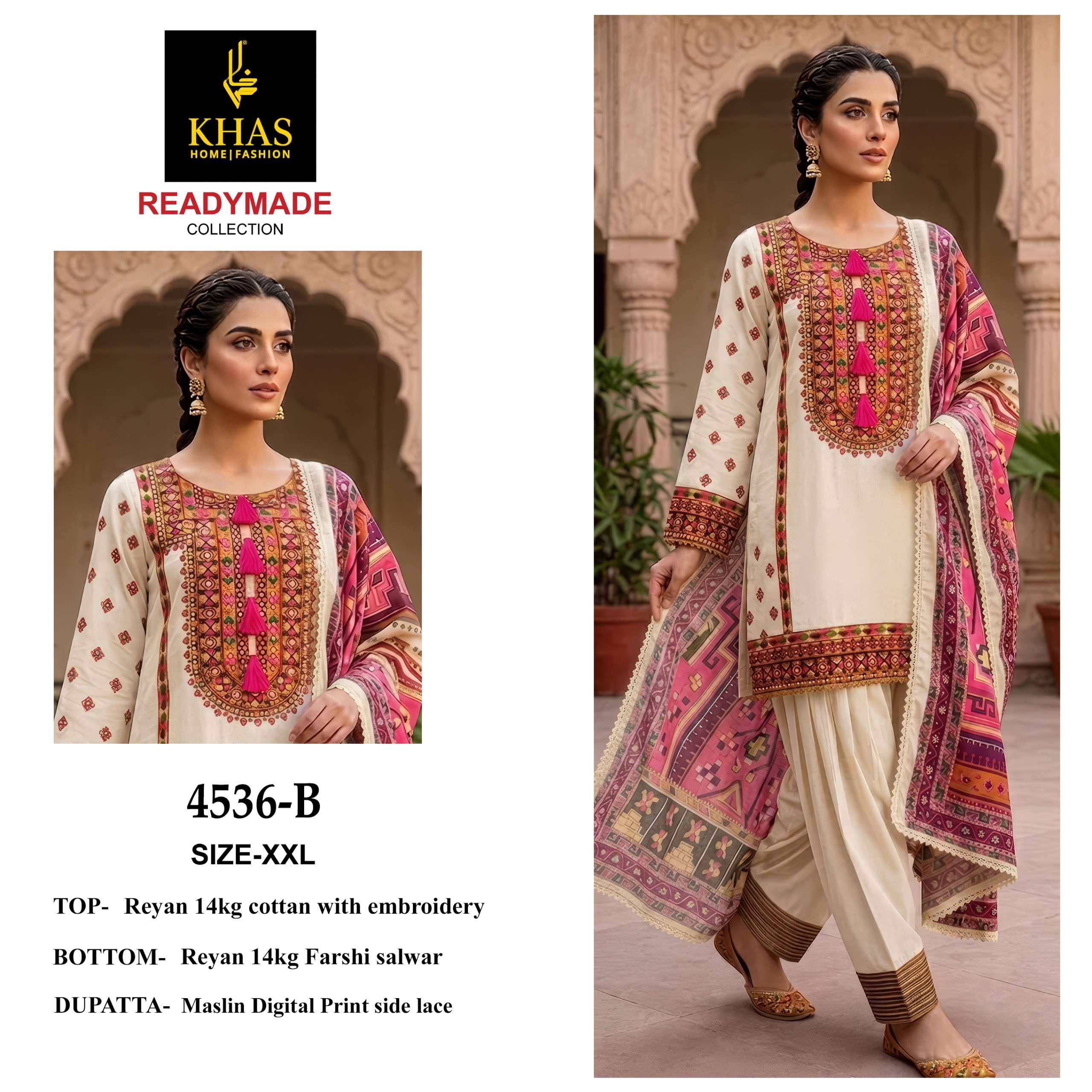 KHAS FASHION D NO 4536 RAYON EMBROIDERY DESIGNER WORK READY MADE PAKISTANI STYLE SUIT