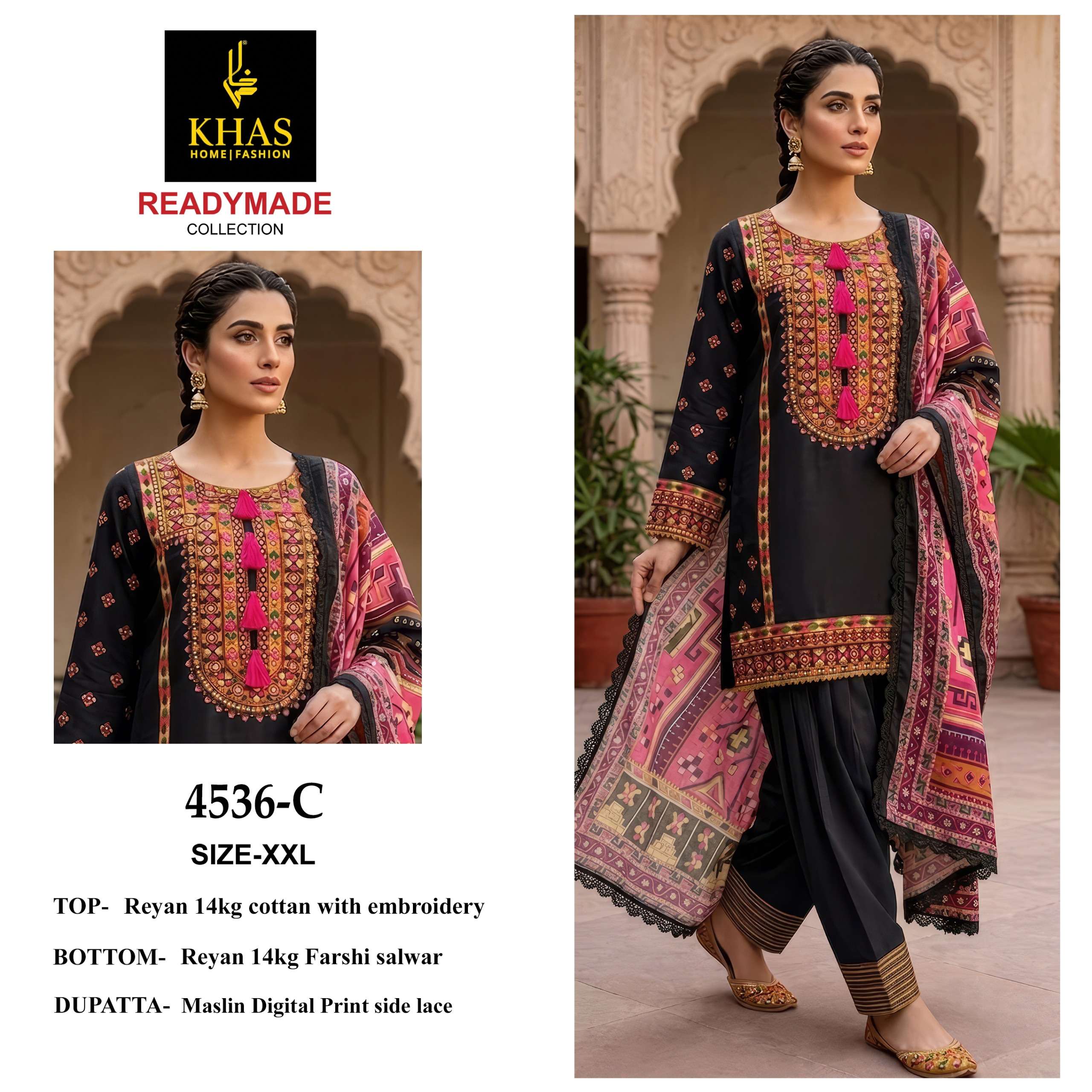 KHAS FASHION D NO 4536 RAYON EMBROIDERY DESIGNER WORK READY MADE PAKISTANI STYLE SUIT