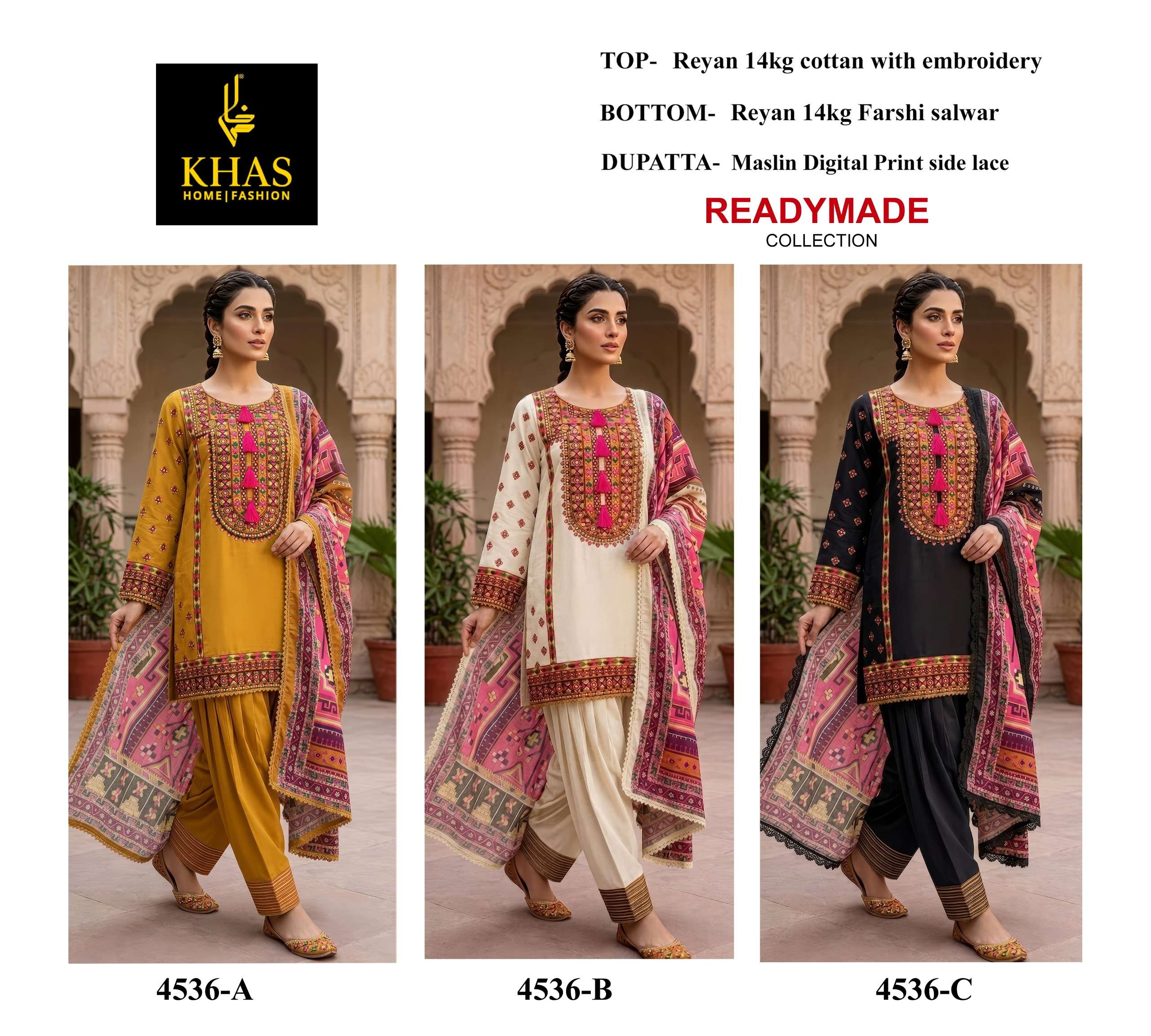 KHAS FASHION D NO 4536 RAYON EMBROIDERY DESIGNER WORK READY MADE PAKISTANI STYLE SUIT