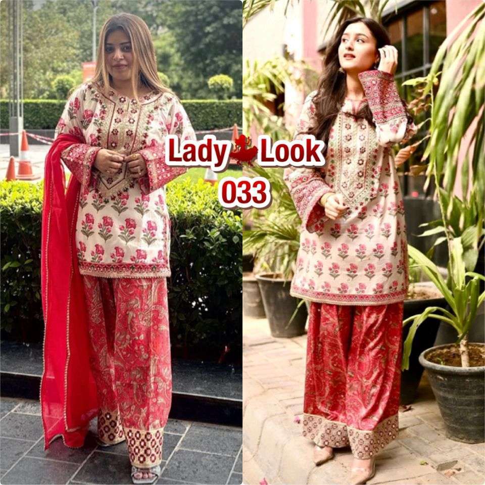 LADY LOOK 033 FANCY EMBROIDERY DESIGNER TOP WITH FARSHI PLAZZO AND DUPATTA 