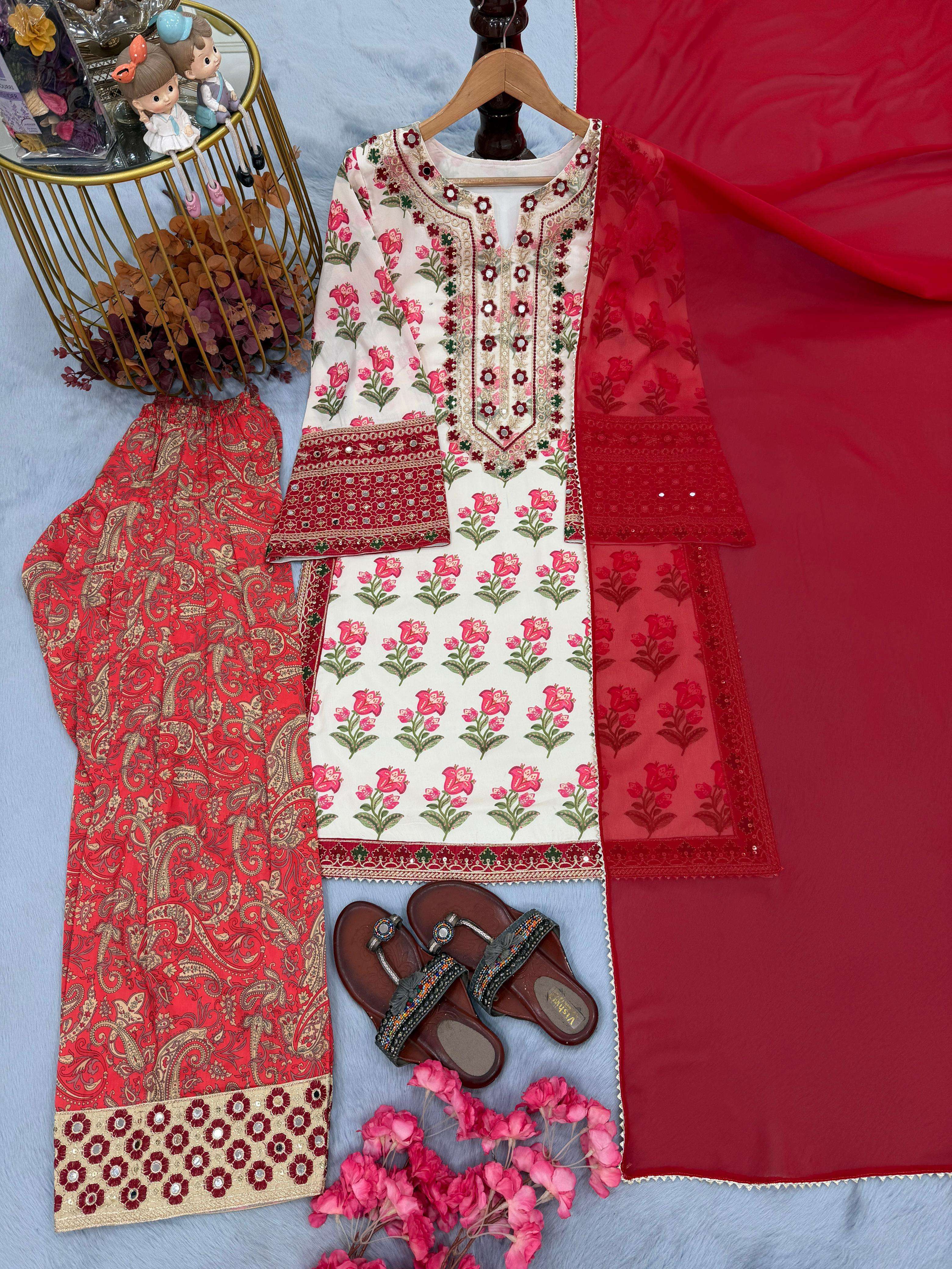 LADY LOOK 033 FANCY EMBROIDERY DESIGNER TOP WITH FARSHI PLAZZO AND DUPATTA 