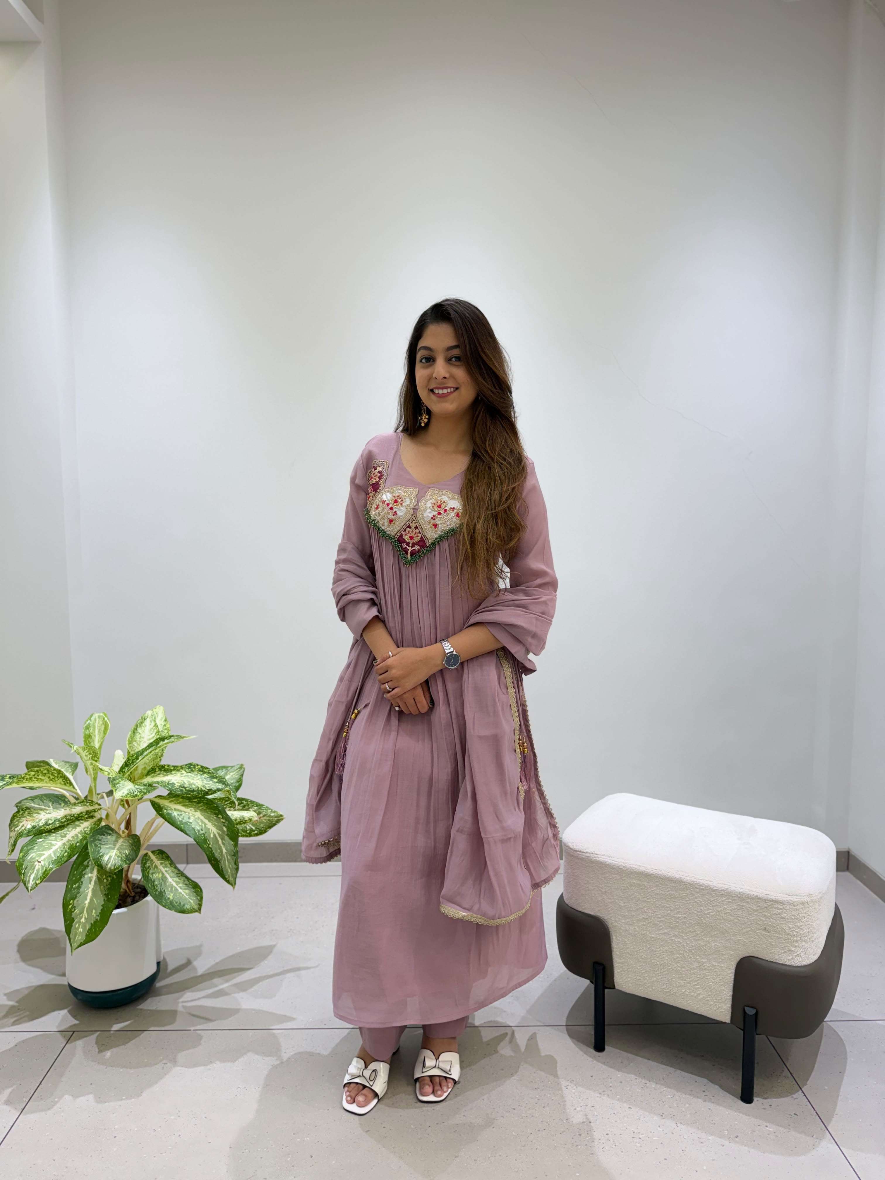 LG 2145 CHANDERI SILK BEADS WITH SEQUENCE EMBROIDERY DESIGNER WORK GOWN PANT WITH DUPATTA SET