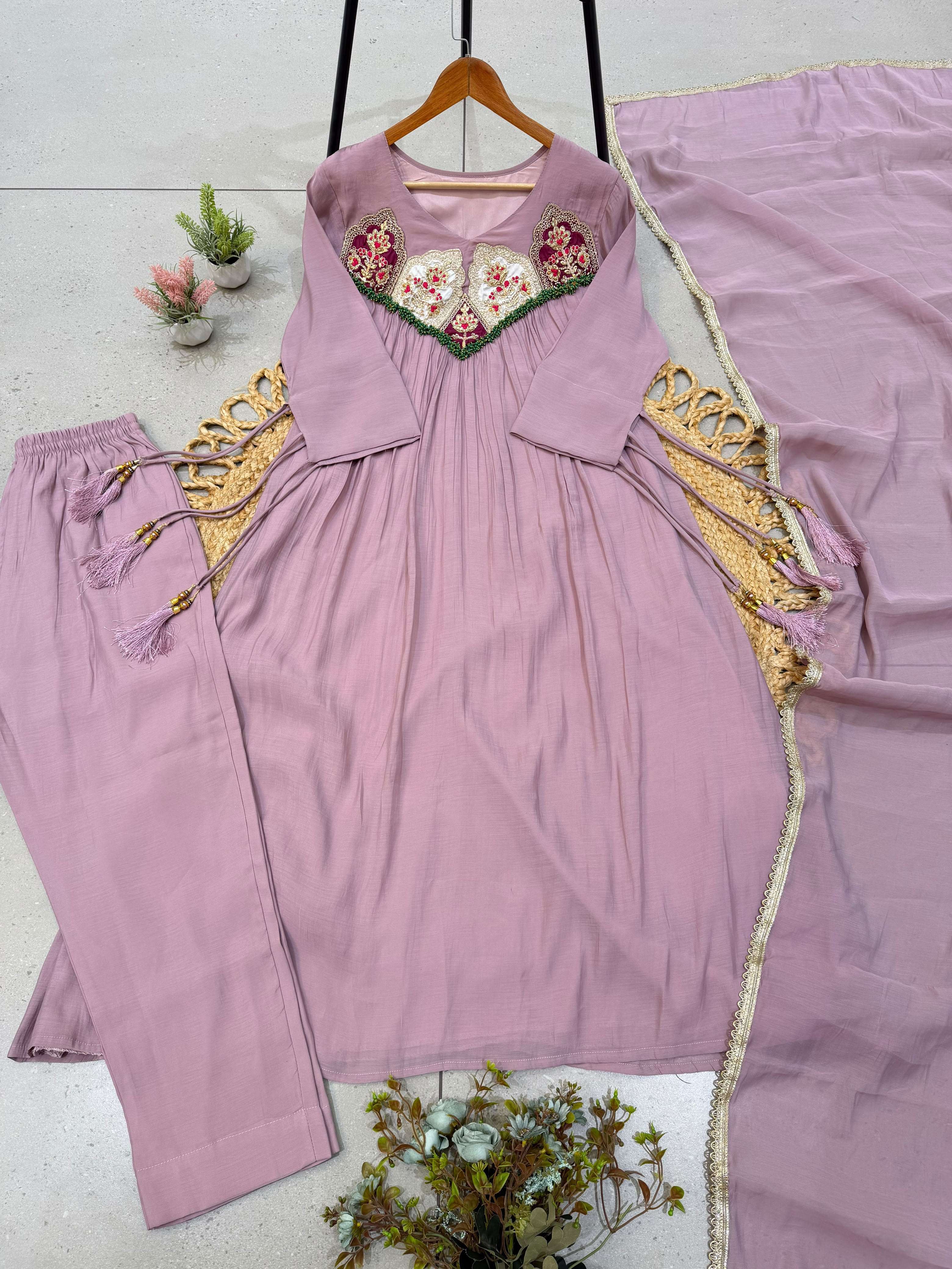 LG 2145 CHANDERI SILK BEADS WITH SEQUENCE EMBROIDERY DESIGNER WORK GOWN PANT WITH DUPATTA SET