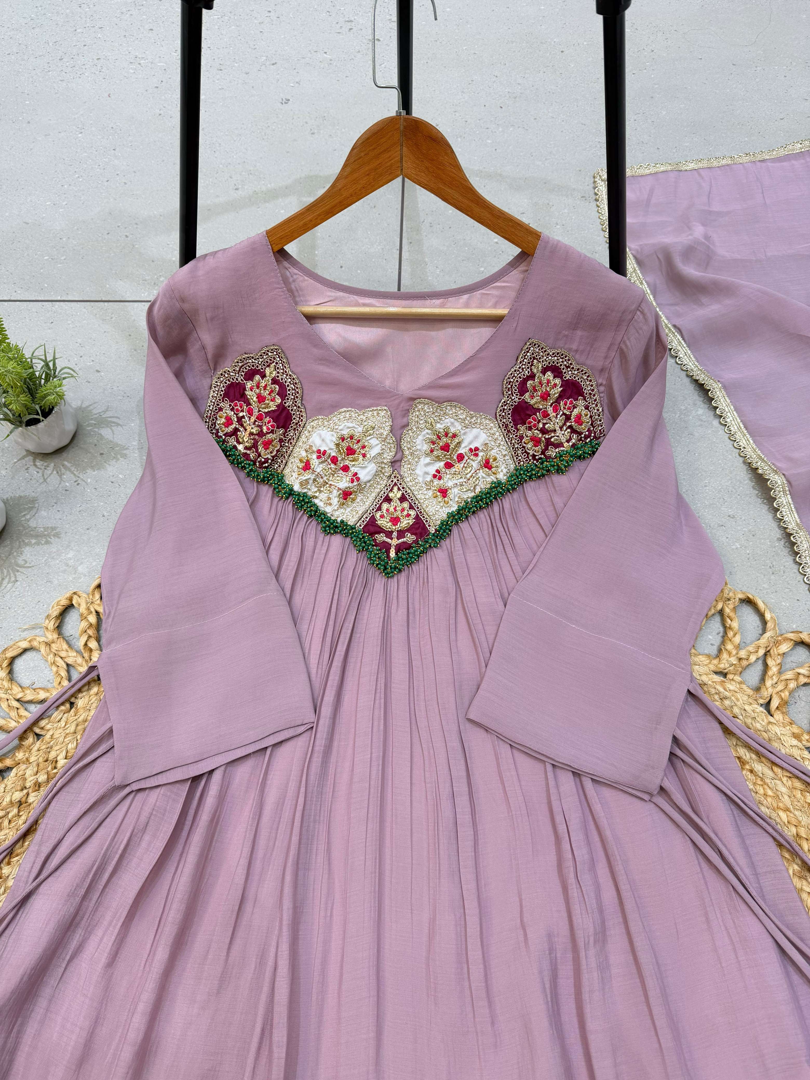 LG 2145 CHANDERI SILK BEADS WITH SEQUENCE EMBROIDERY DESIGNER WORK GOWN PANT WITH DUPATTA SET