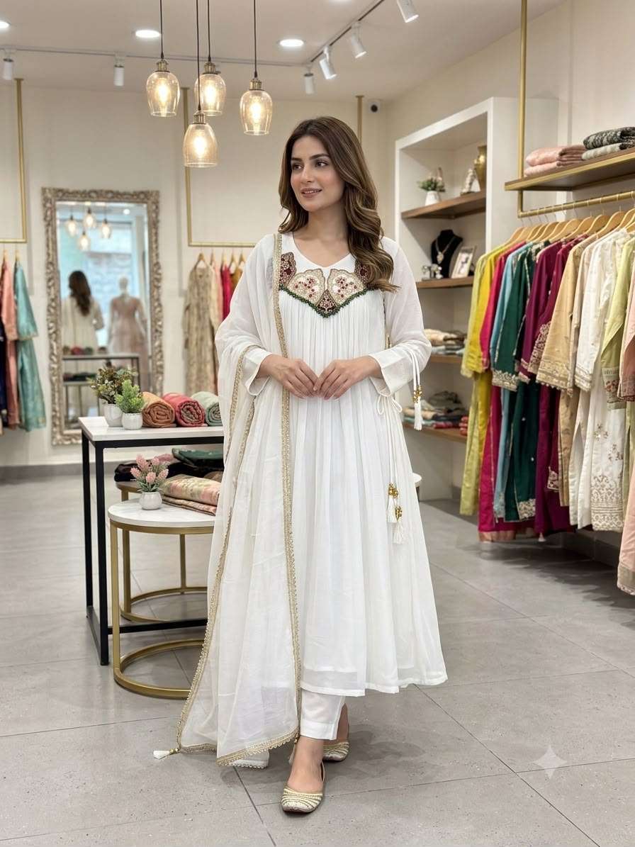 LG 2145 CHANDERI SILK BEADS WITH SEQUENCE EMBROIDERY DESIGNER WORK GOWN PANT WITH DUPATTA SET