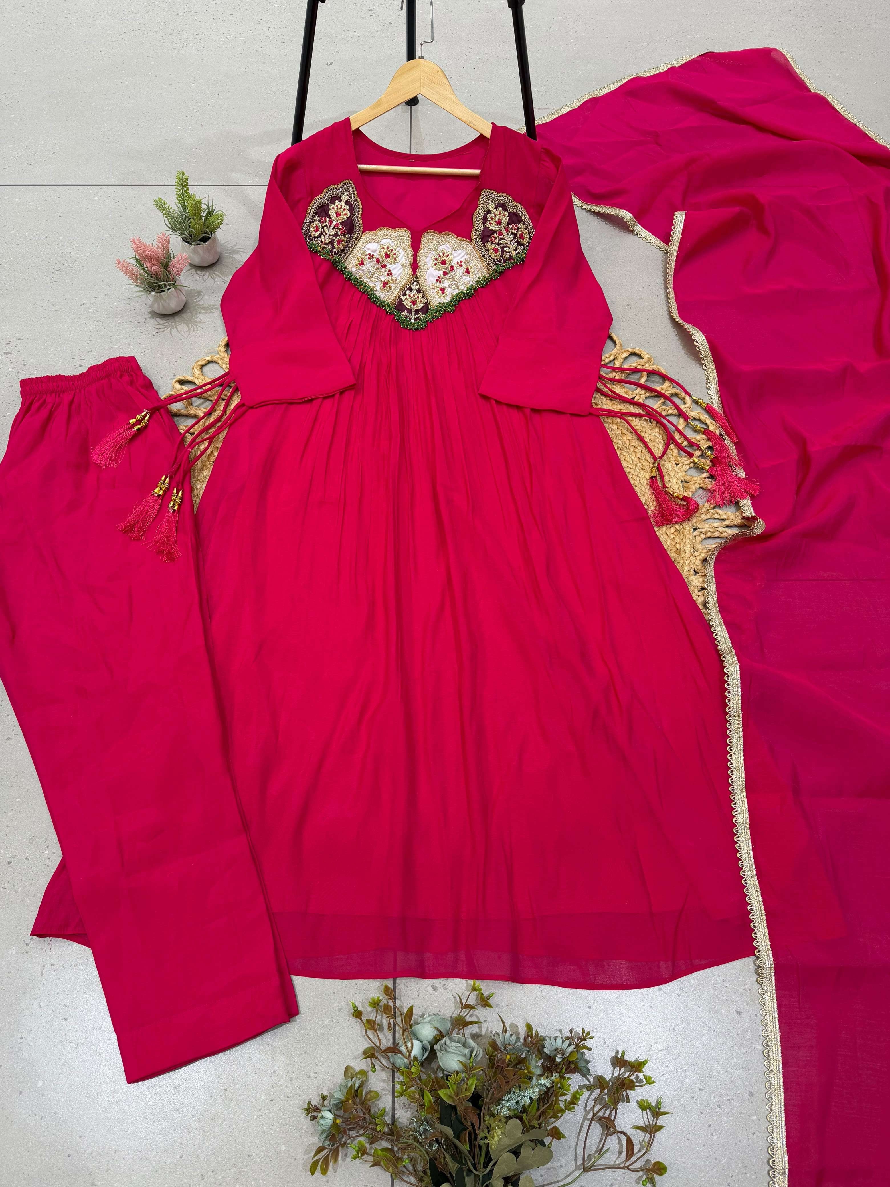 LG 2145 CHANDERI SILK BEADS WITH SEQUENCE EMBROIDERY DESIGNER WORK GOWN PANT WITH DUPATTA SET