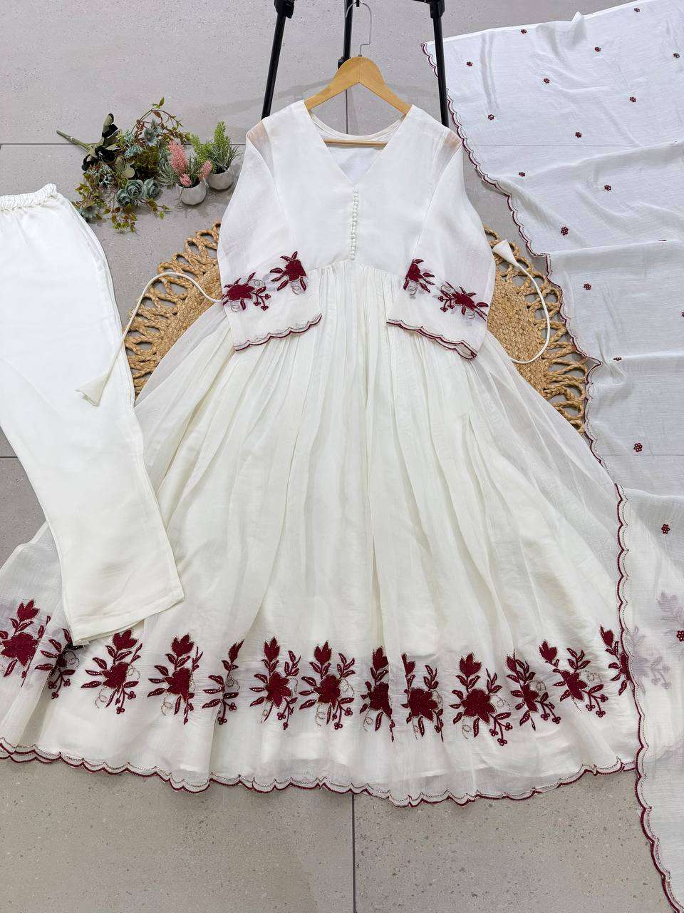 LG 2146 SILK BEAUTIFUL EMBROIDERED WITH SEQUENCE PIPE WORKED GOWN PANT WITH DUPATTA SET