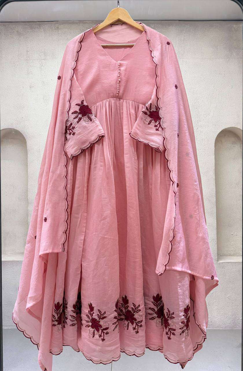 LG 2146 SILK BEAUTIFUL EMBROIDERED WITH SEQUENCE PIPE WORKED GOWN PANT WITH DUPATTA SET