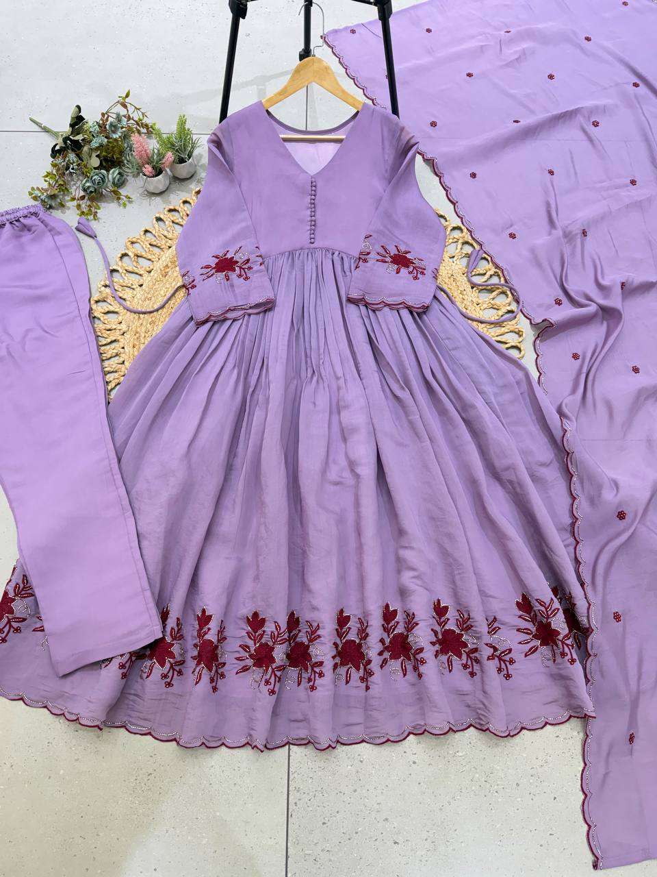 LG 2146 SILK BEAUTIFUL EMBROIDERED WITH SEQUENCE PIPE WORKED GOWN PANT WITH DUPATTA SET