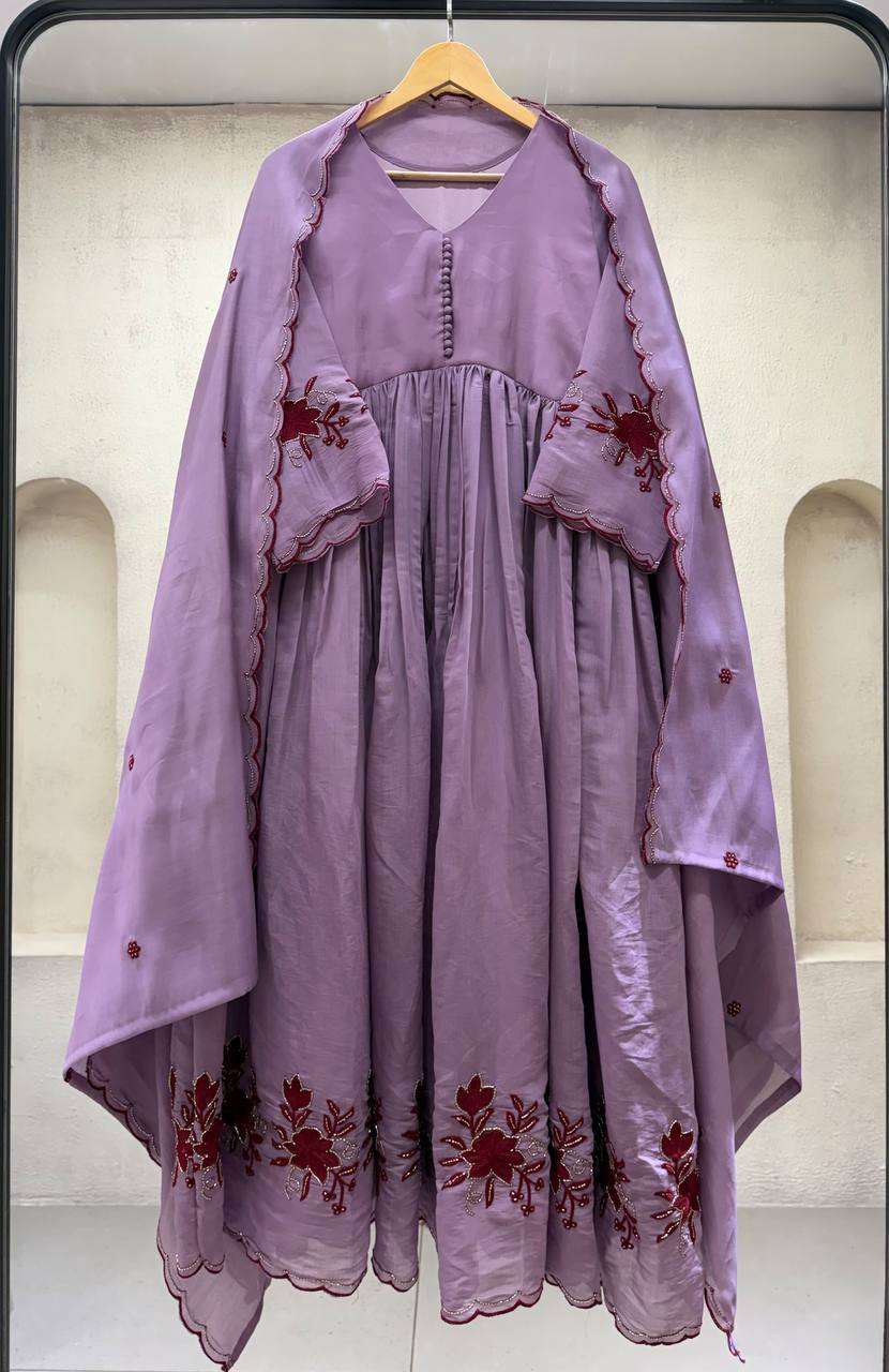LG 2146 SILK BEAUTIFUL EMBROIDERED WITH SEQUENCE PIPE WORKED GOWN PANT WITH DUPATTA SET