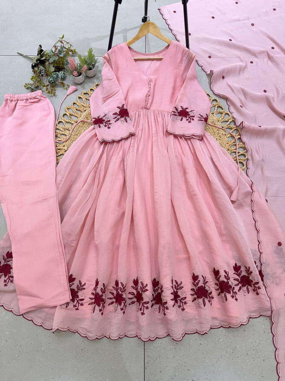 LG 2146 SILK BEAUTIFUL EMBROIDERED WITH SEQUENCE PIPE WORKED GOWN PANT WITH DUPATTA SET