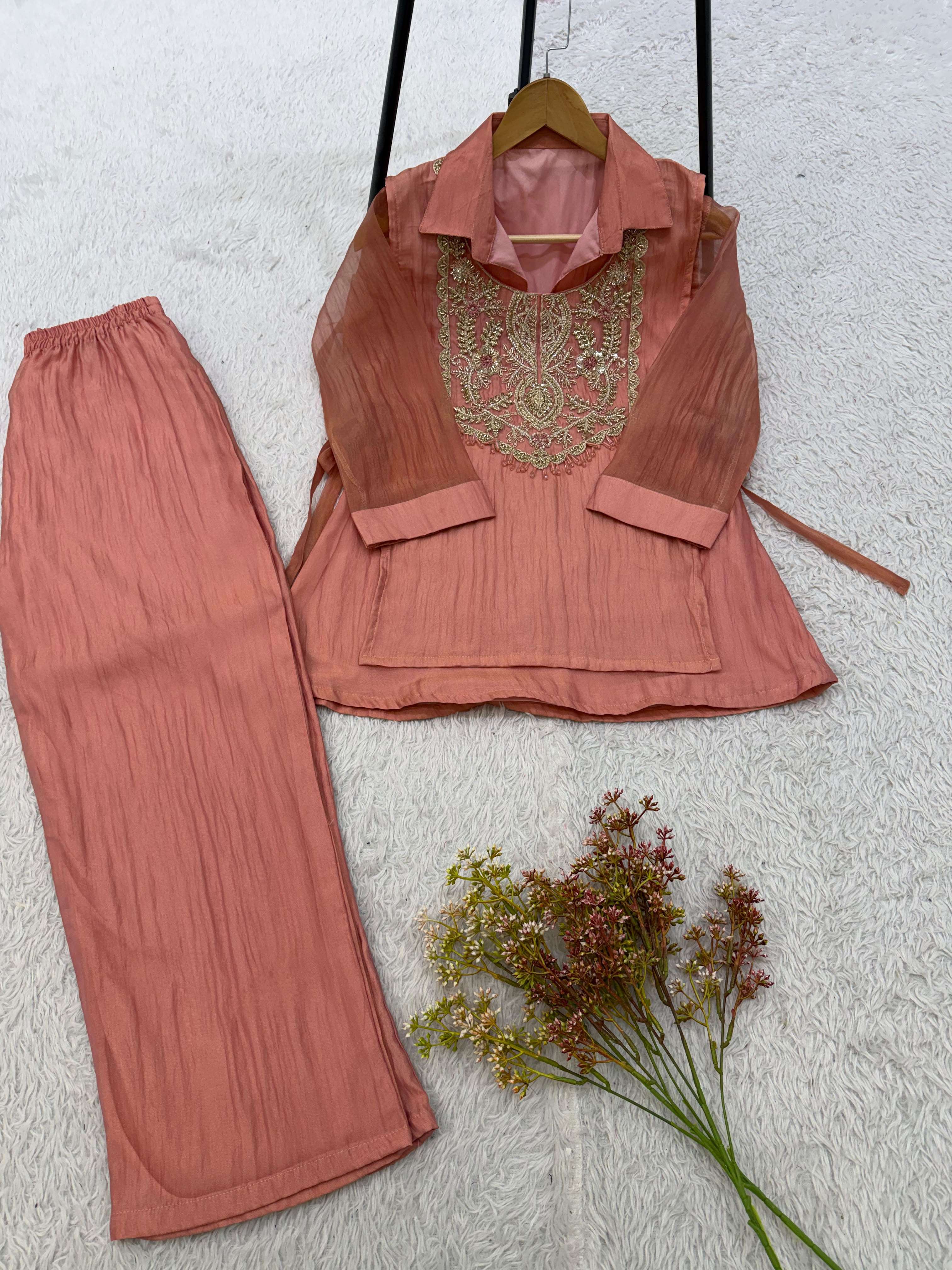 LG 2148 MOSKO BEAUTIFUL BEADS EMBROIDERED CO ORD SET TOP PANT WITH SHRUG