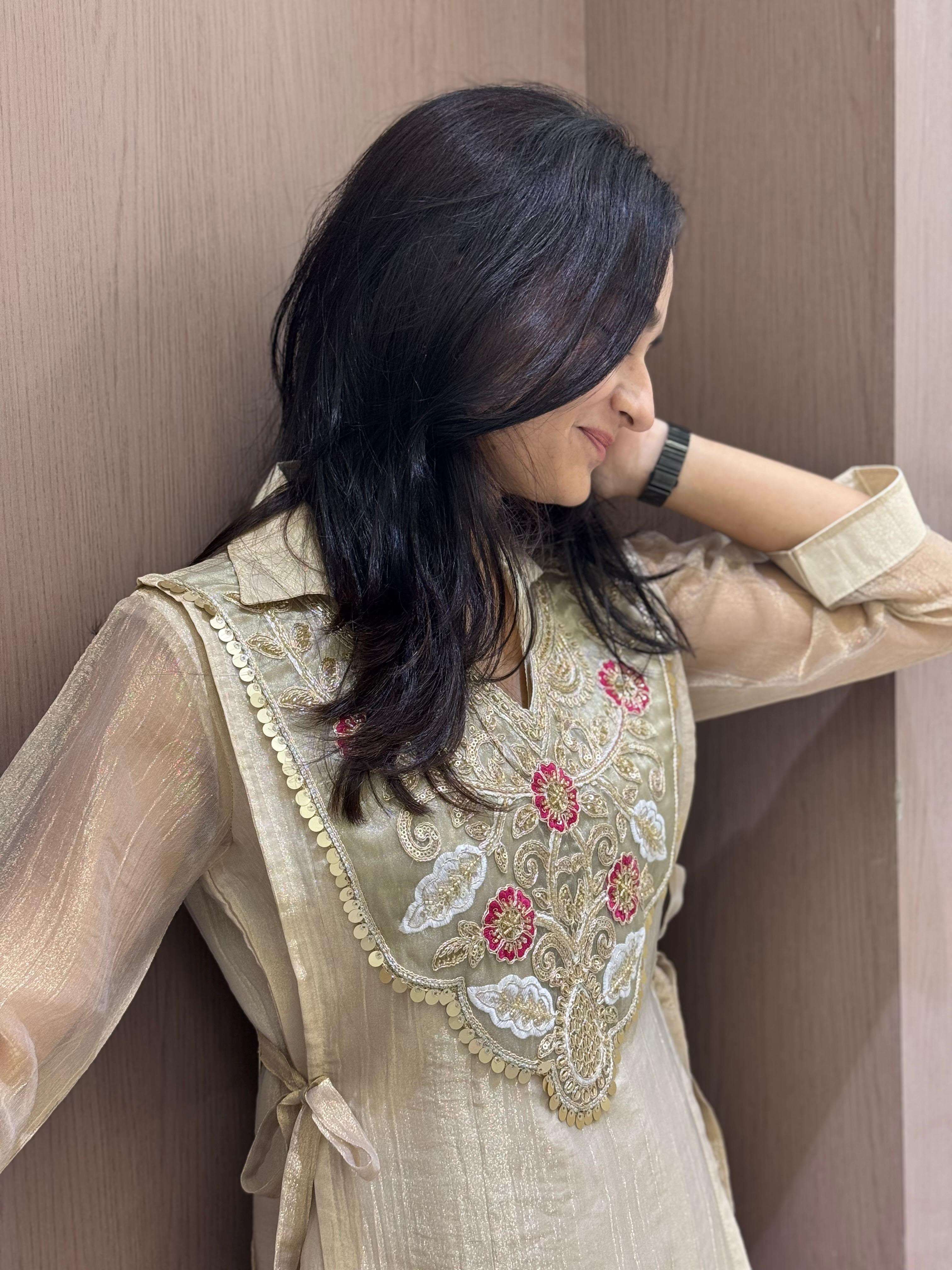 LM 34 SILK DESIGNER LOOK FUNCTION WEAR TOP PLAZZO AND SHRUGE COLLECTION 