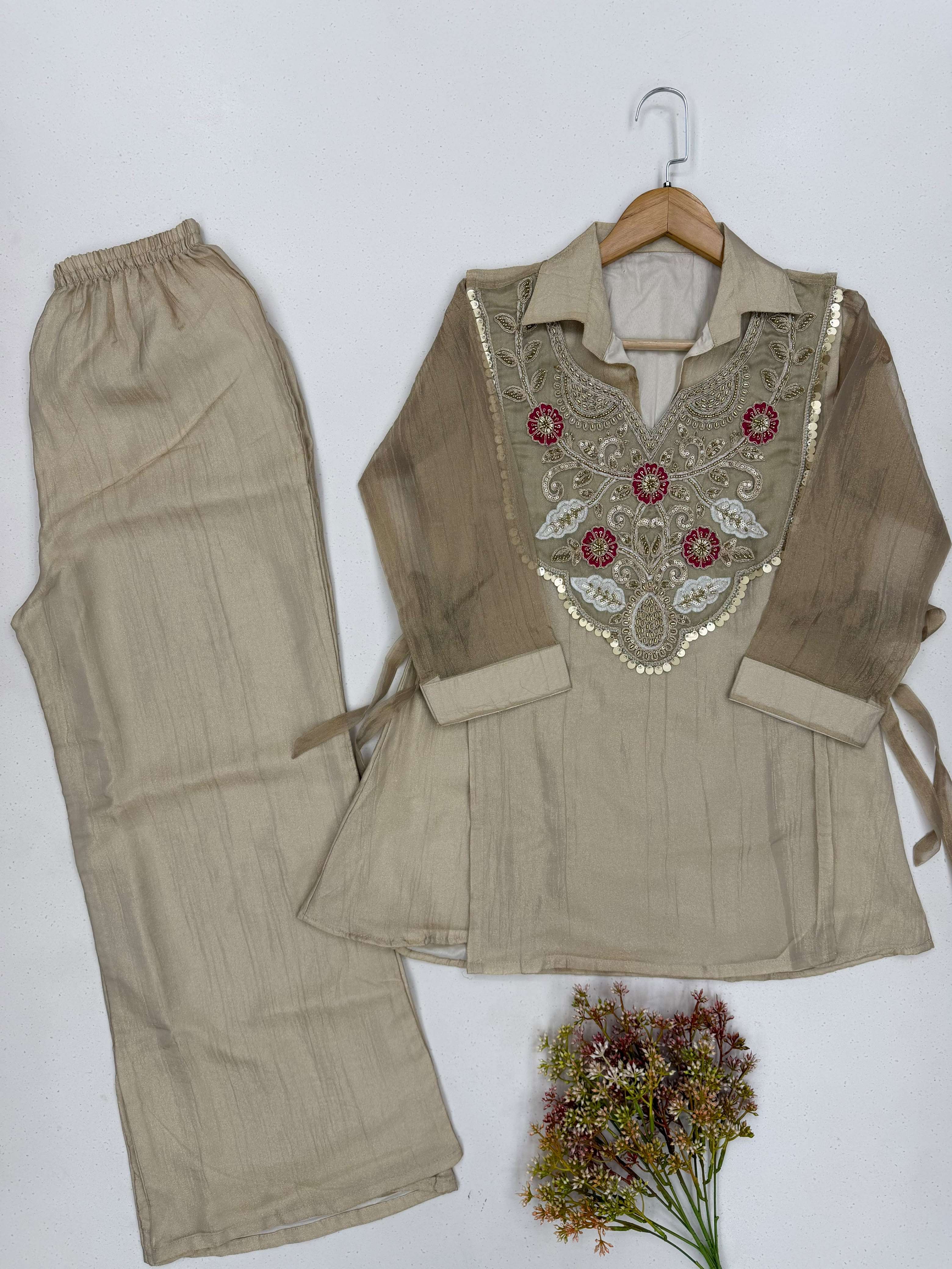 LM 34 SILK DESIGNER LOOK FUNCTION WEAR TOP PLAZZO AND SHRUGE COLLECTION 