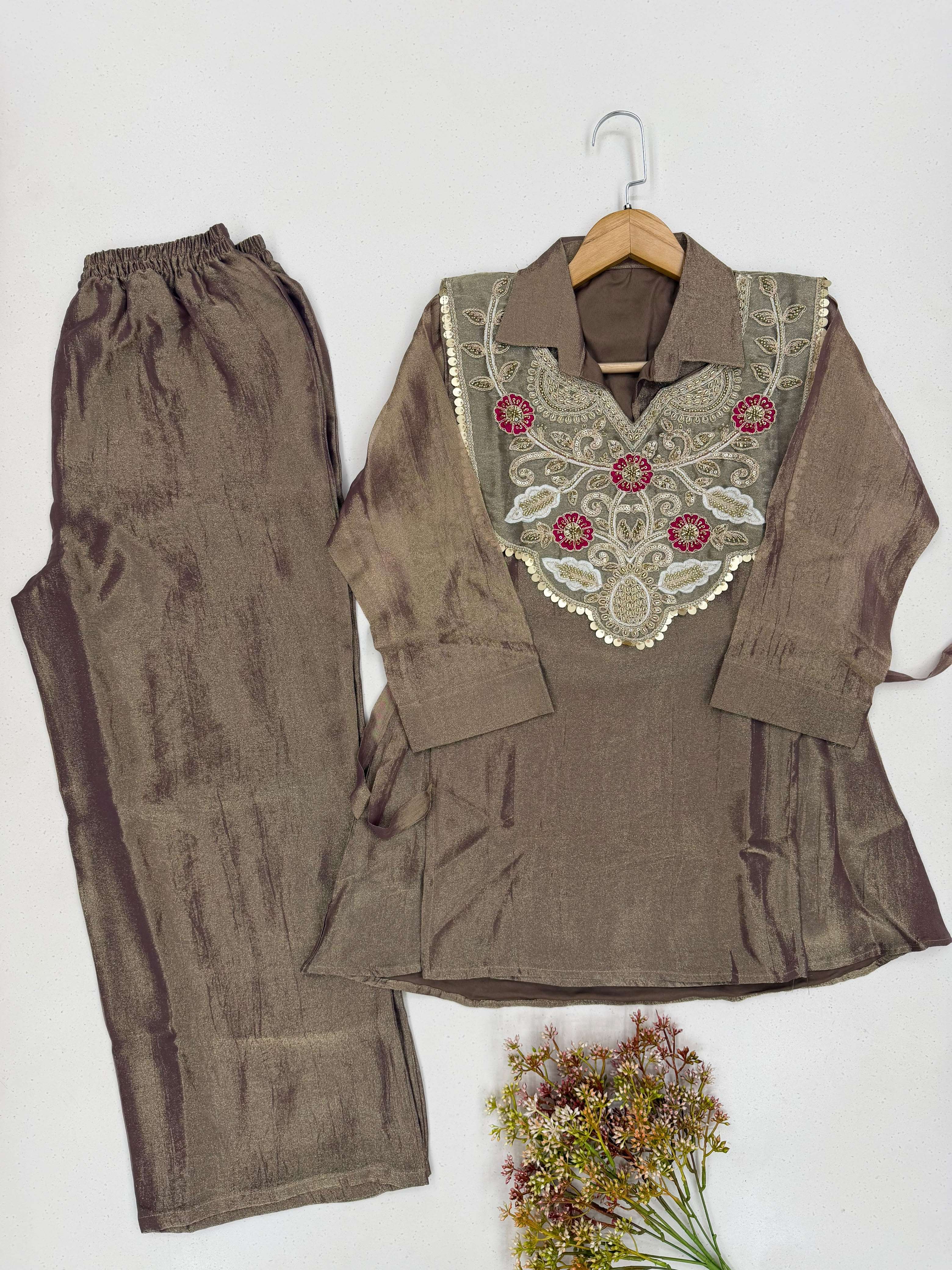 LM 34 SILK DESIGNER LOOK FUNCTION WEAR TOP PLAZZO AND SHRUGE COLLECTION 
