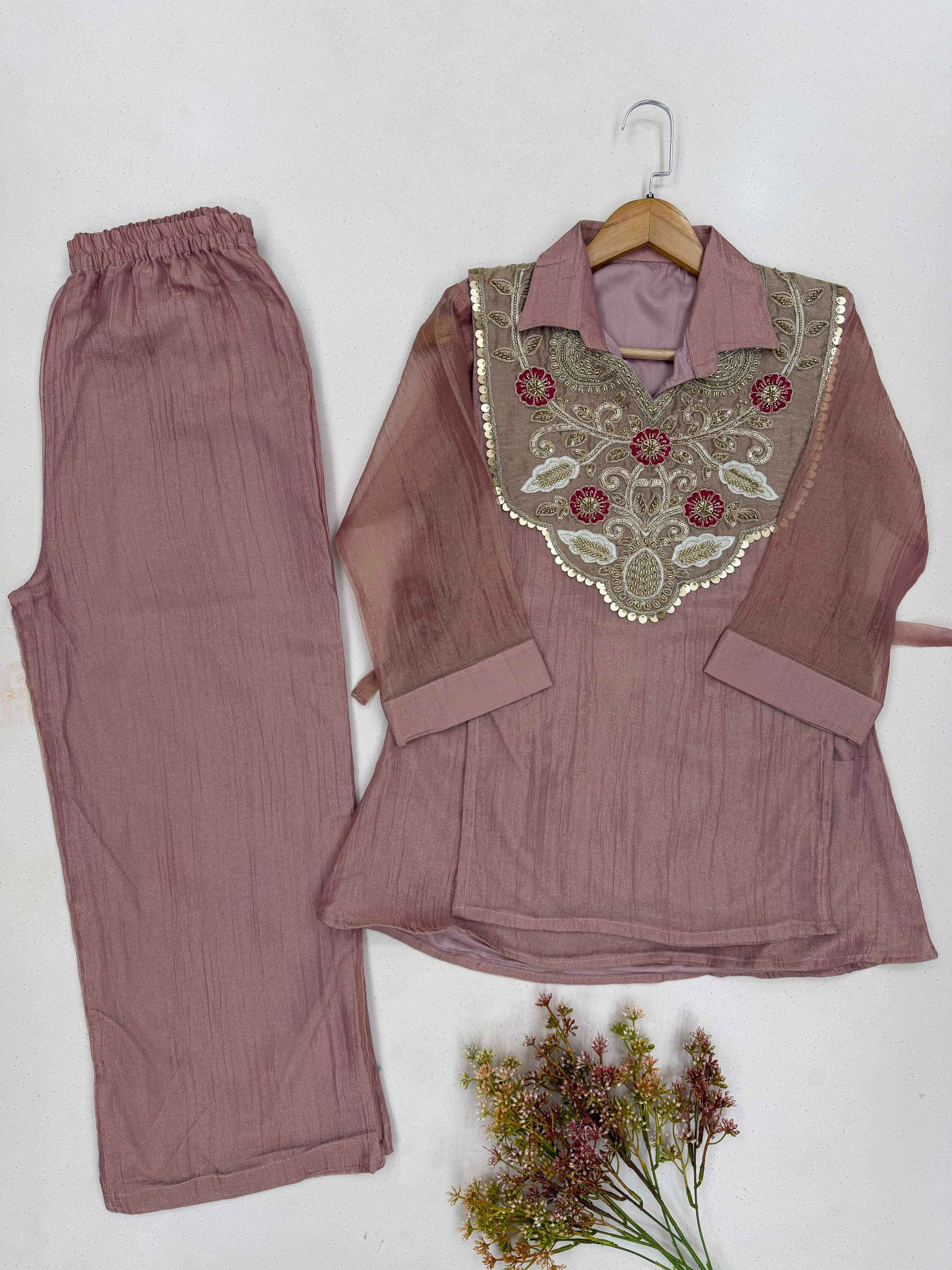LM 34 SILK DESIGNER LOOK FUNCTION WEAR TOP PLAZZO AND SHRUGE COLLECTION 