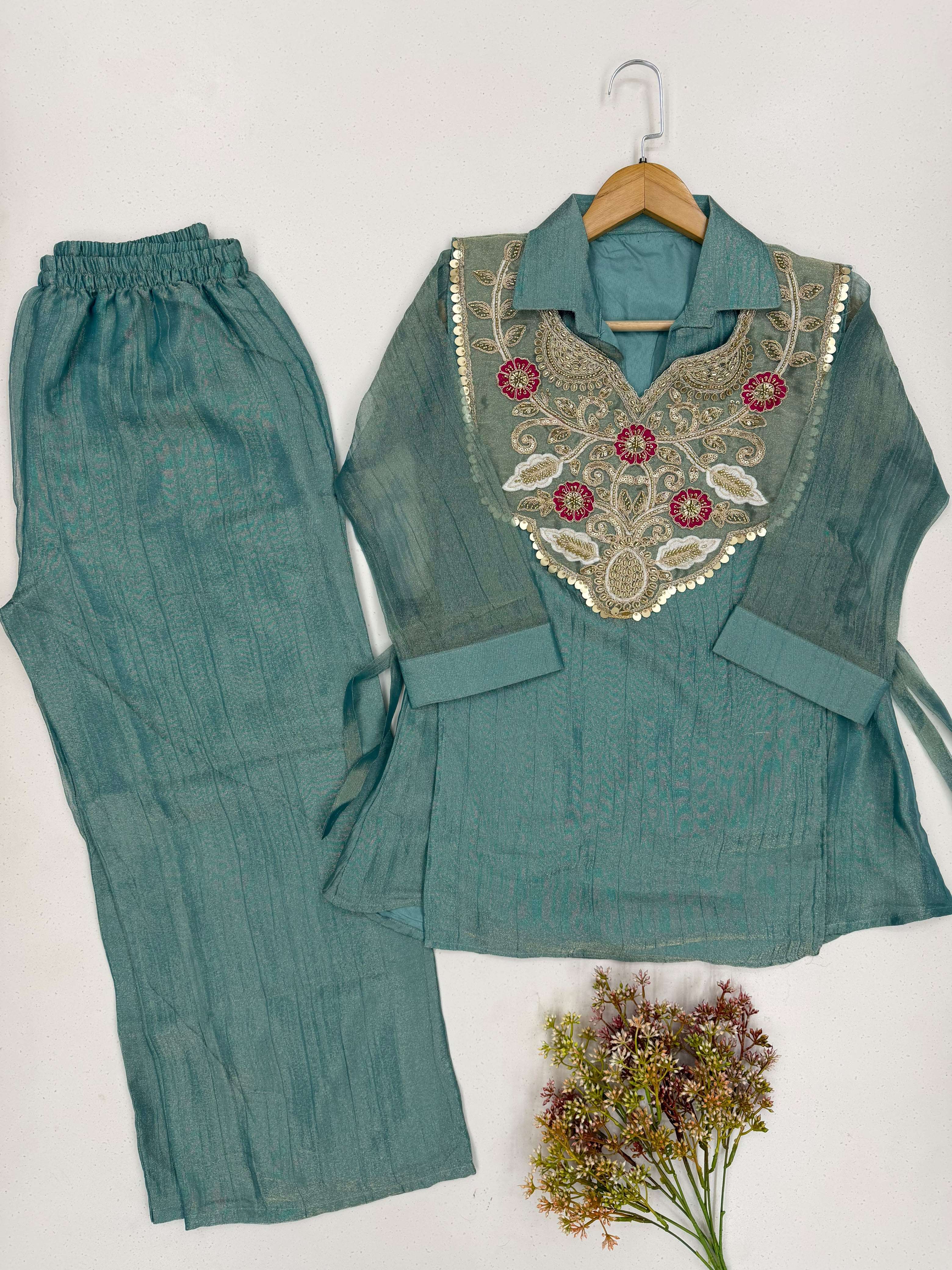 LM 34 SILK DESIGNER LOOK FUNCTION WEAR TOP PLAZZO AND SHRUGE COLLECTION 