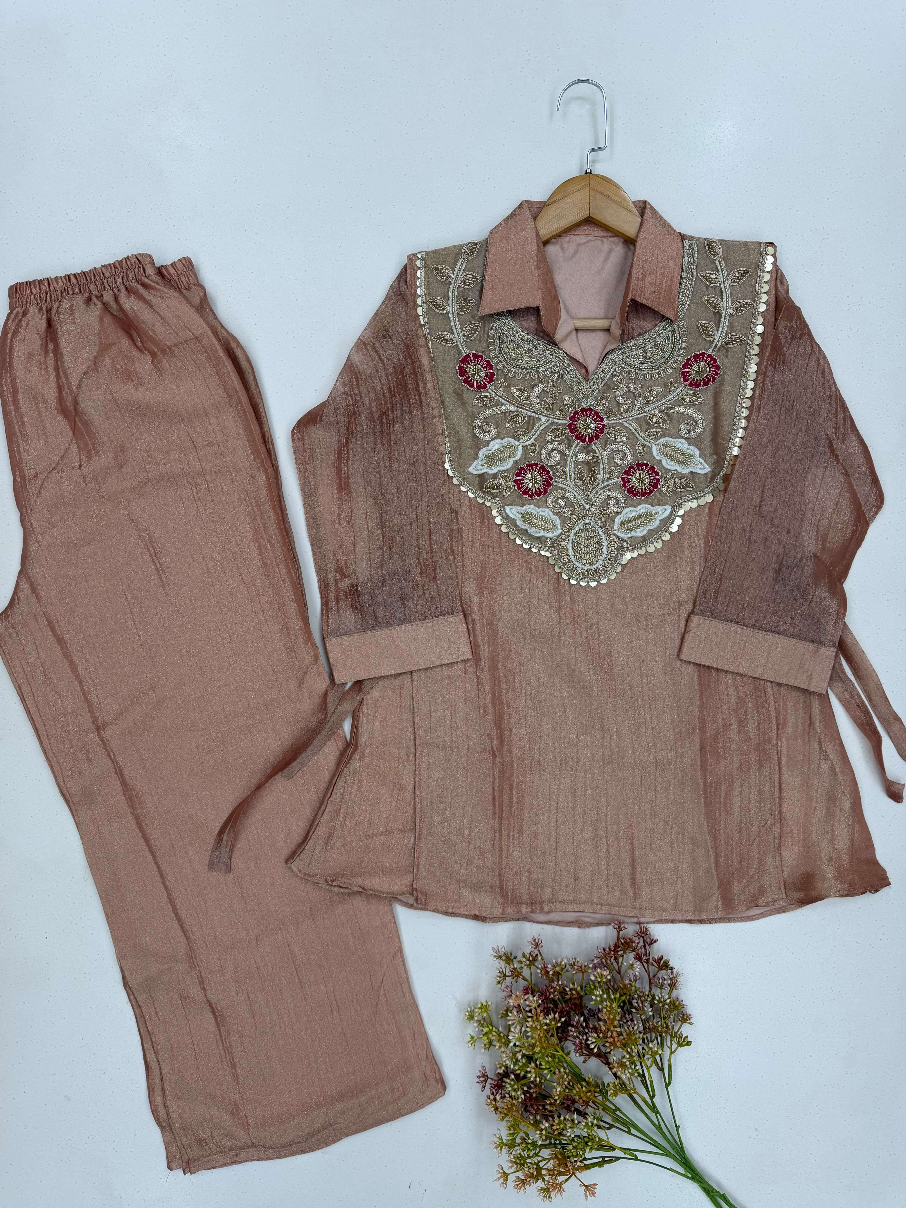 LM 34 SILK DESIGNER LOOK FUNCTION WEAR TOP PLAZZO AND SHRUGE COLLECTION 