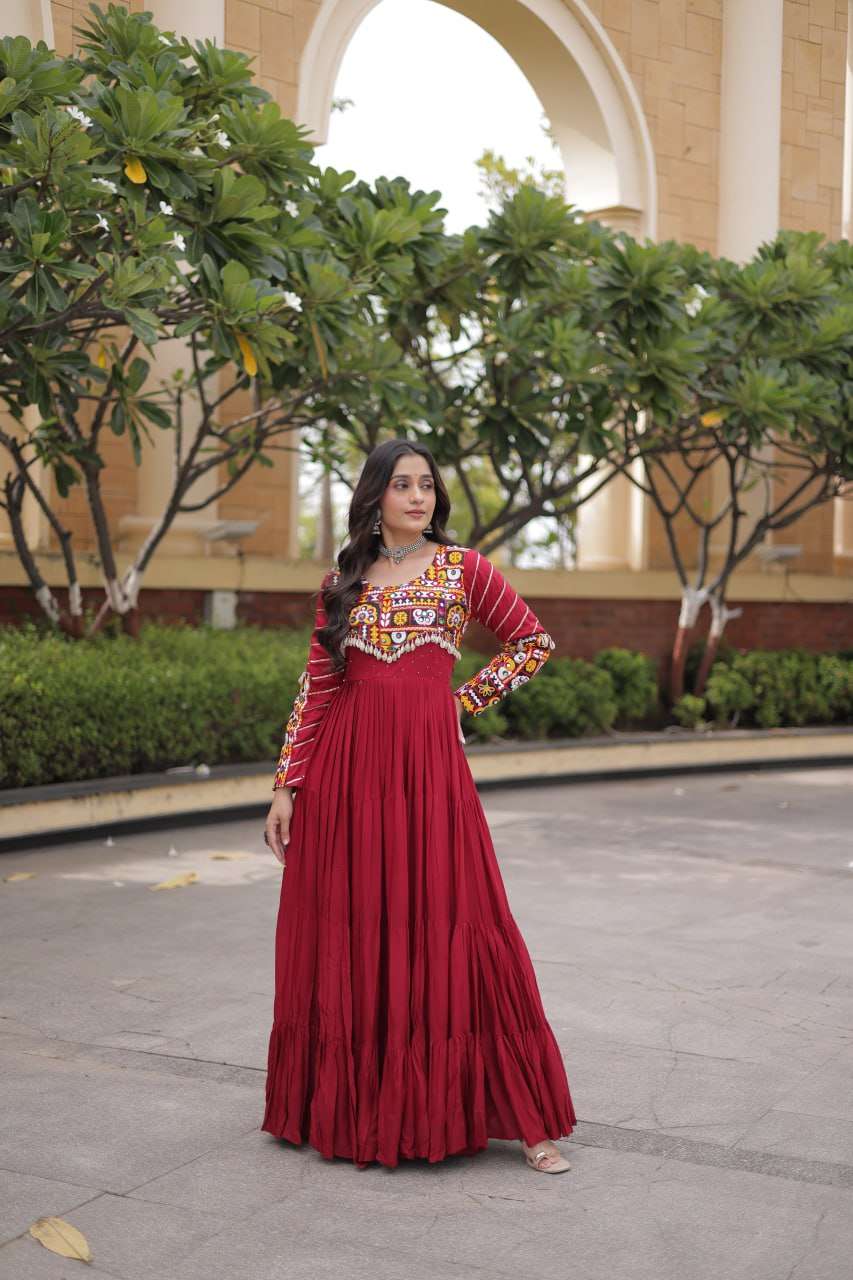 LW 9355 RAYON GAMTHI EMBROIDERED DESIGNER WORK NAVRATRI WEAR GOWN 