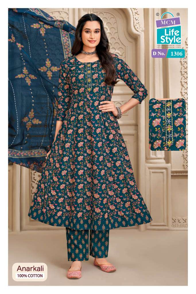 MCM LIFESTYLE ANARKALI VOL 13 COTTON PRINTED LADIES ANARKALI CUT STYLE KURTI PANT WITH DUPATTA SET 