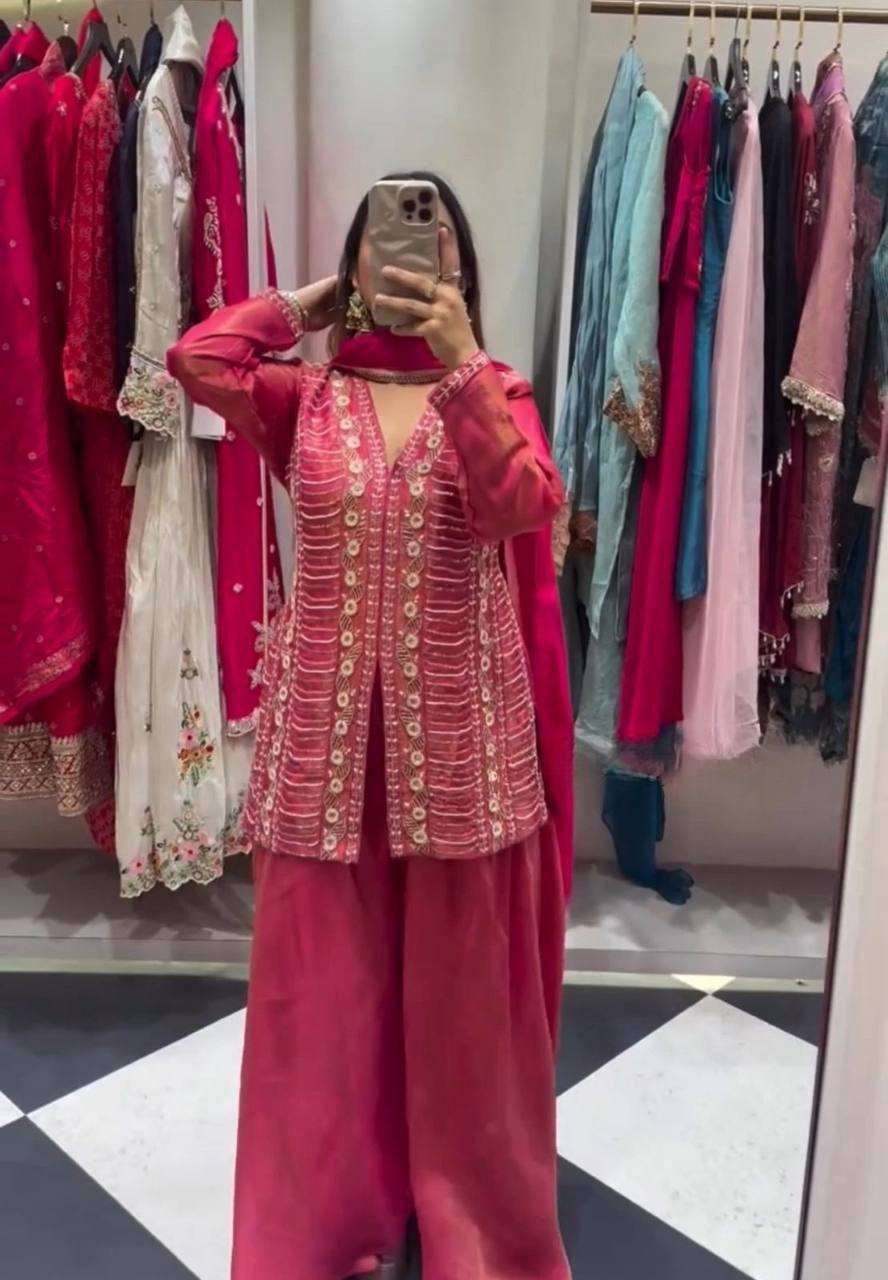 MD 3068 SILK DESIGNER PARTY WEAR LADIES TOP PLAZZO AND DUPATTA SET 
