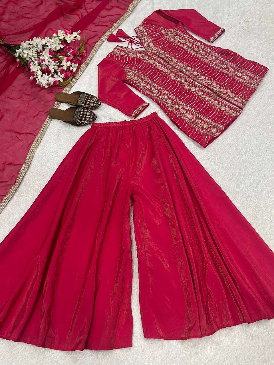 MD 3068 SILK DESIGNER PARTY WEAR LADIES TOP PLAZZO AND DUPATTA SET 