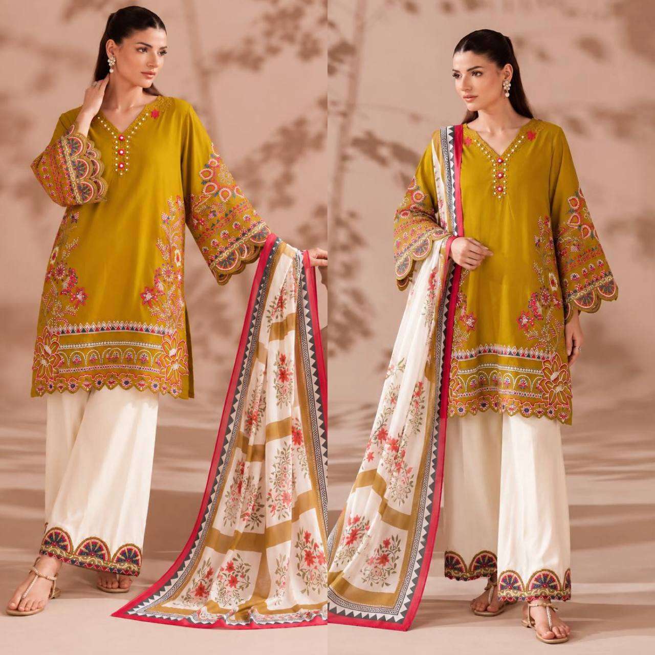 MD 3110 COTTON PREETY LOOK DESIGNER LADIES TOP PLAZZO AND DUPATTA SET 