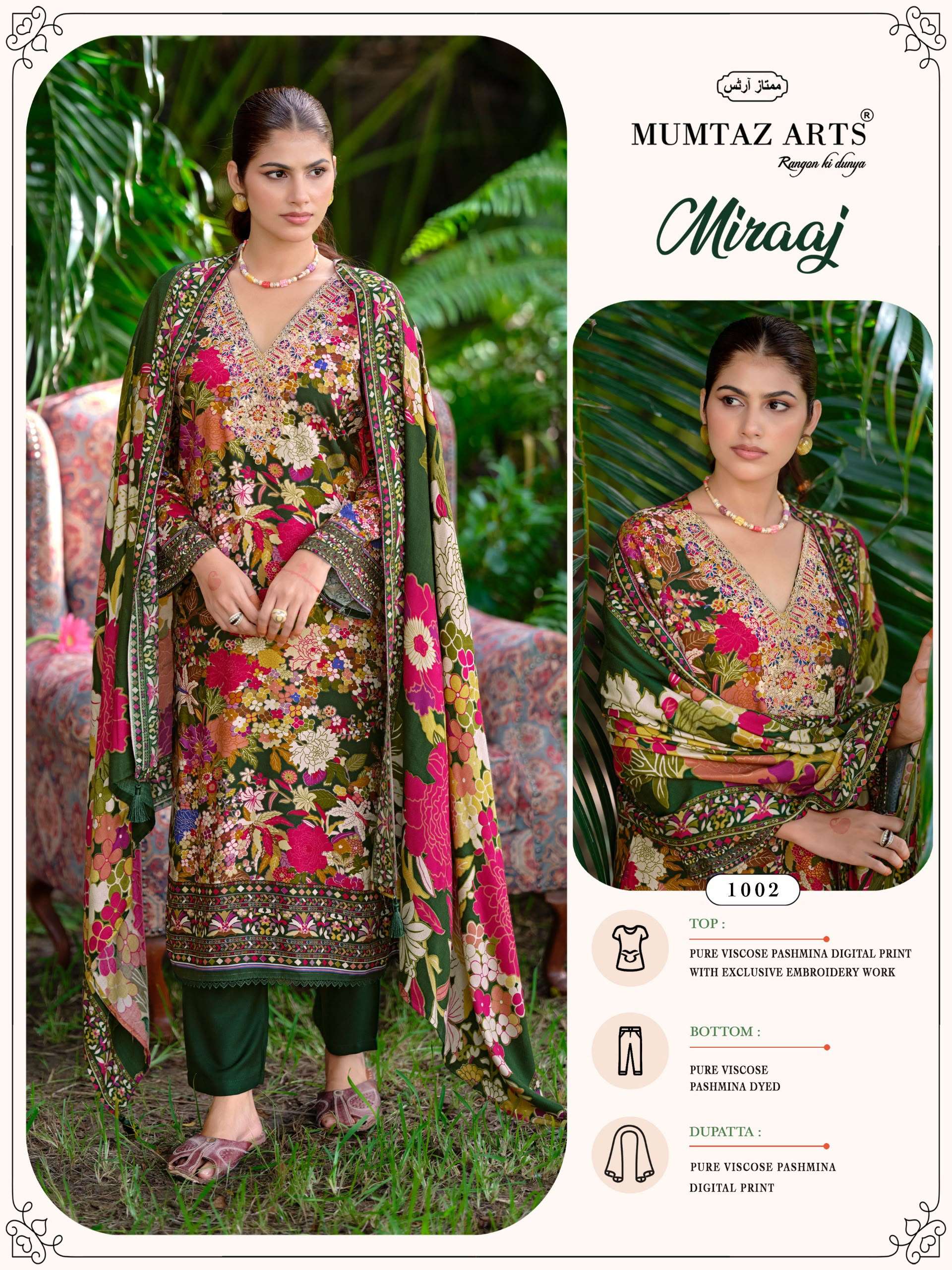 MUMTAZ ARTS MIRAAJ VISCOSE PASHMINA EMBROIDERY DESIGNER WORK SUIT