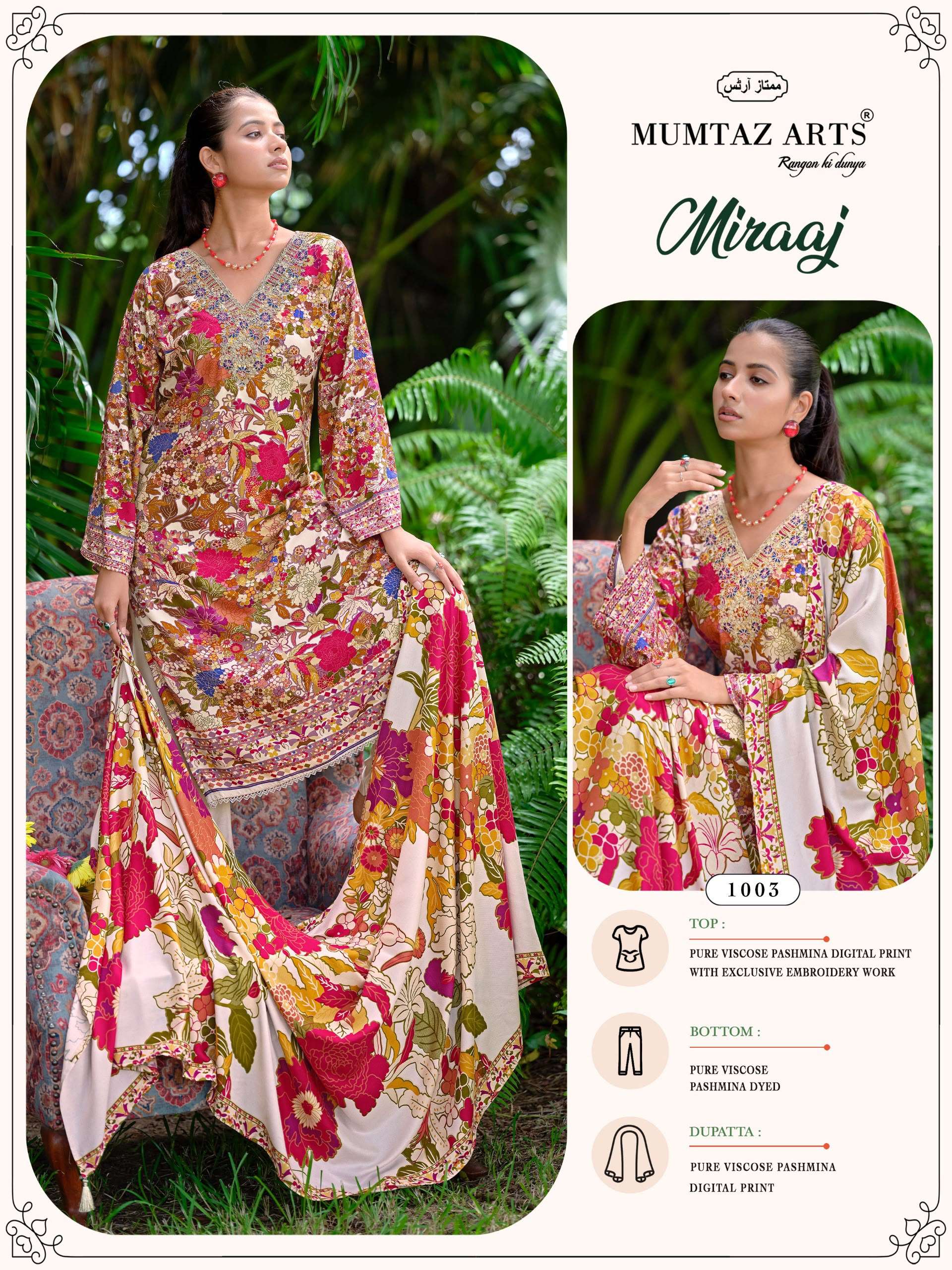 MUMTAZ ARTS MIRAAJ VISCOSE PASHMINA EMBROIDERY DESIGNER WORK SUIT