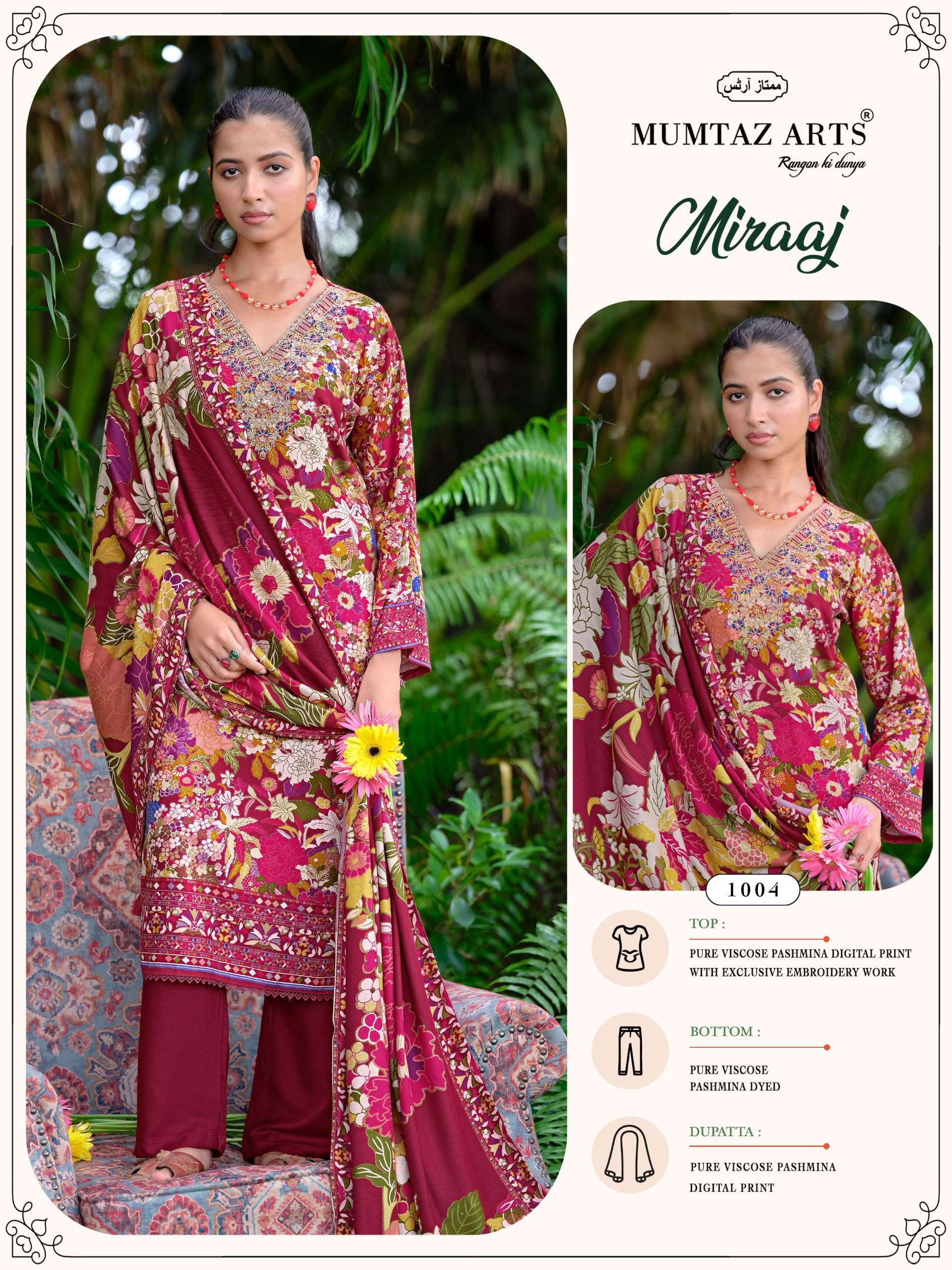 MUMTAZ ARTS MIRAAJ VISCOSE PASHMINA EMBROIDERY DESIGNER WORK SUIT