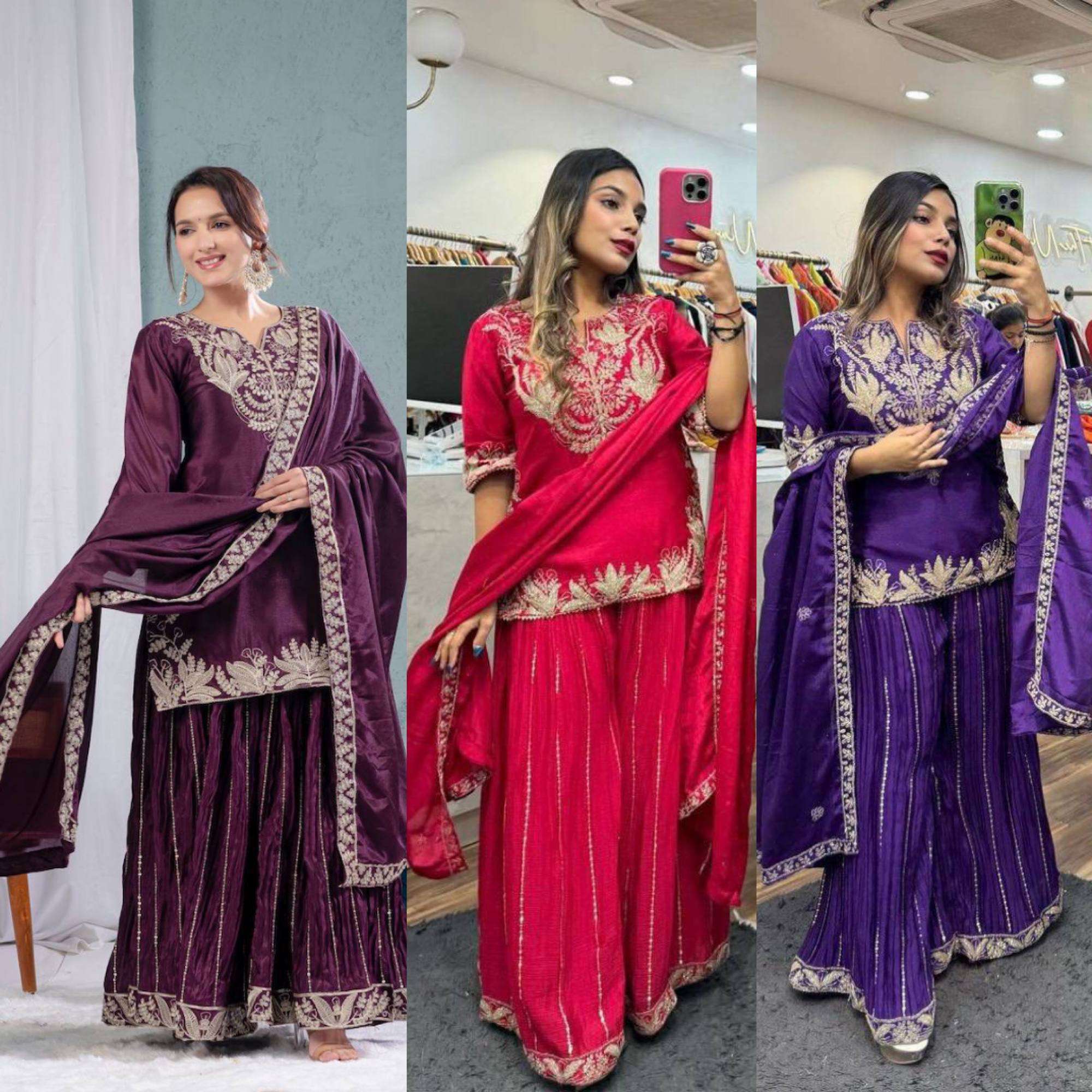ND 5023 SILK EMBROIDERY DESIGNER PARTY WEAR LADIES TOP SHARARA AND DUPATTA SET 