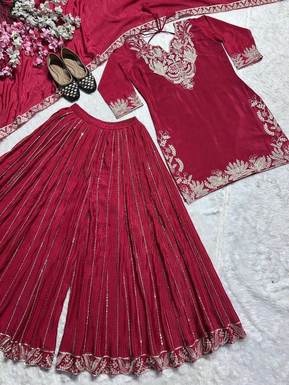 ND 5023 SILK EMBROIDERY DESIGNER PARTY WEAR LADIES TOP SHARARA AND DUPATTA SET 