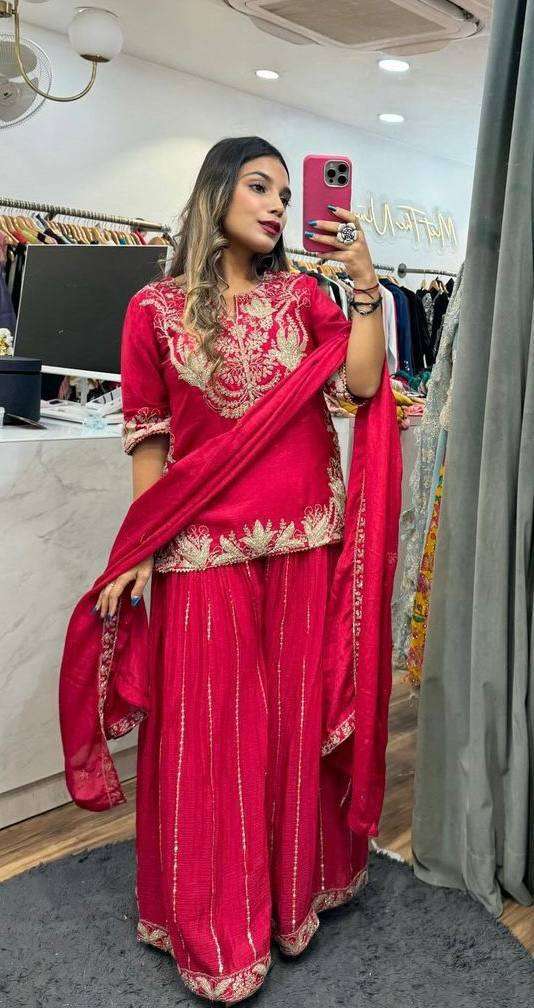 ND 5023 SILK EMBROIDERY DESIGNER PARTY WEAR LADIES TOP SHARARA AND DUPATTA SET 