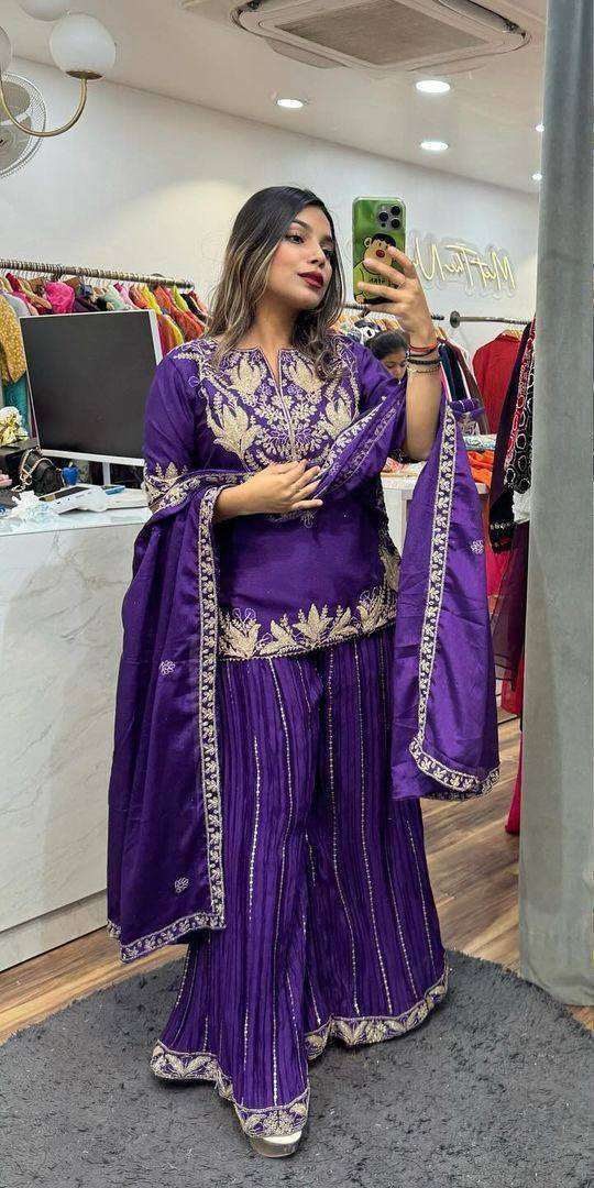 ND 5023 SILK EMBROIDERY DESIGNER PARTY WEAR LADIES TOP SHARARA AND DUPATTA SET 