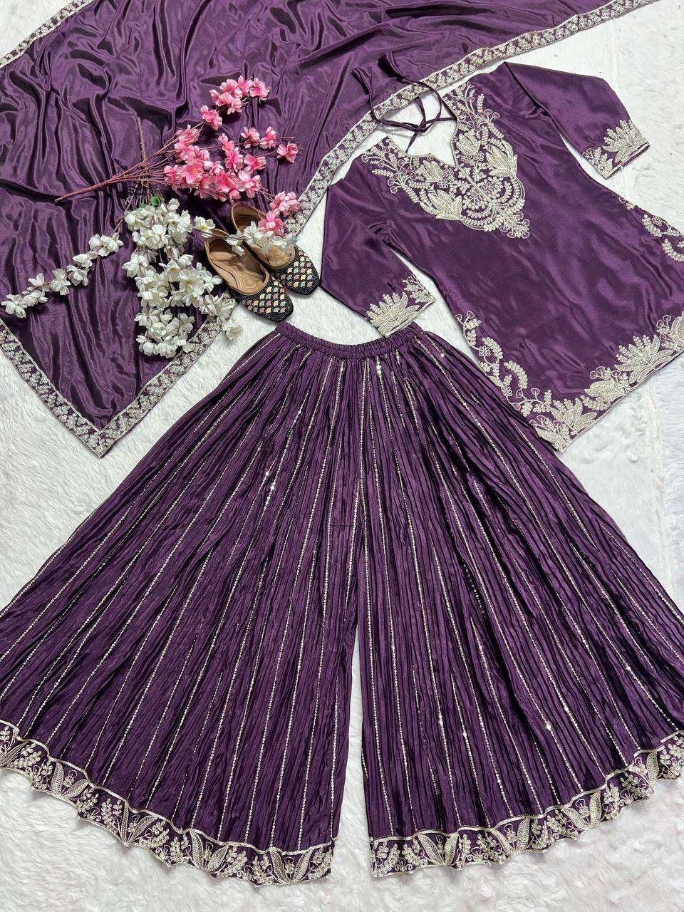 ND 5023 SILK EMBROIDERY DESIGNER PARTY WEAR LADIES TOP SHARARA AND DUPATTA SET 