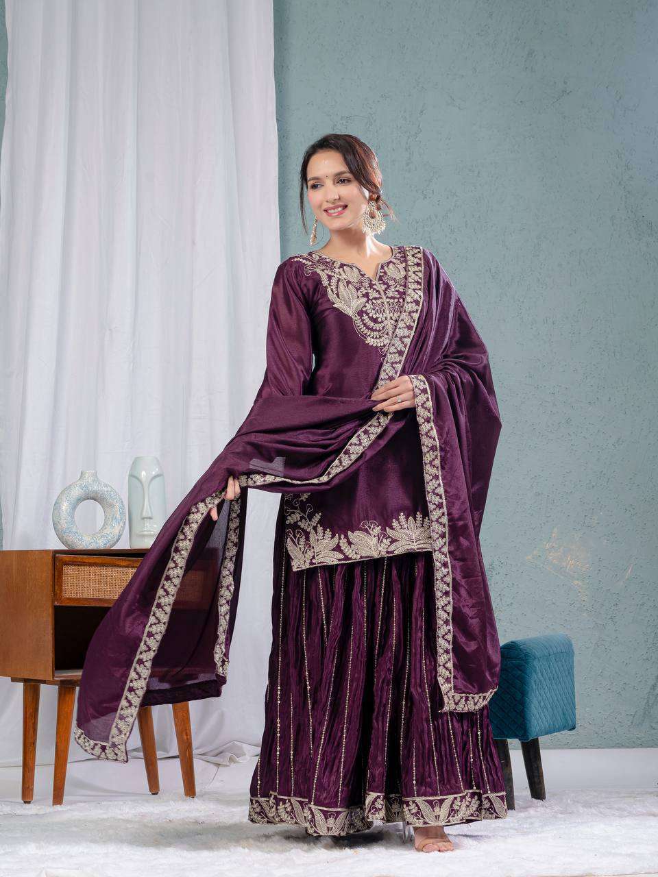 ND 5023 SILK EMBROIDERY DESIGNER PARTY WEAR LADIES TOP SHARARA AND DUPATTA SET 