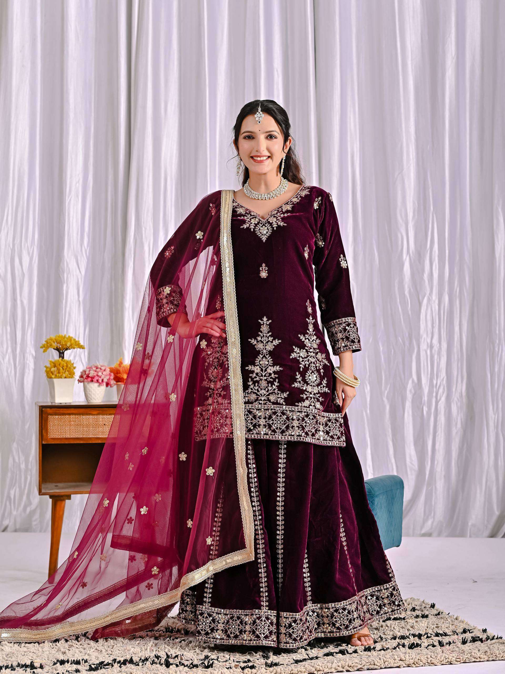ND 5052 VISCOSE VELVET EMBROIDERED DESIGNER FUNCTION WEAR SHARARA SUIT
