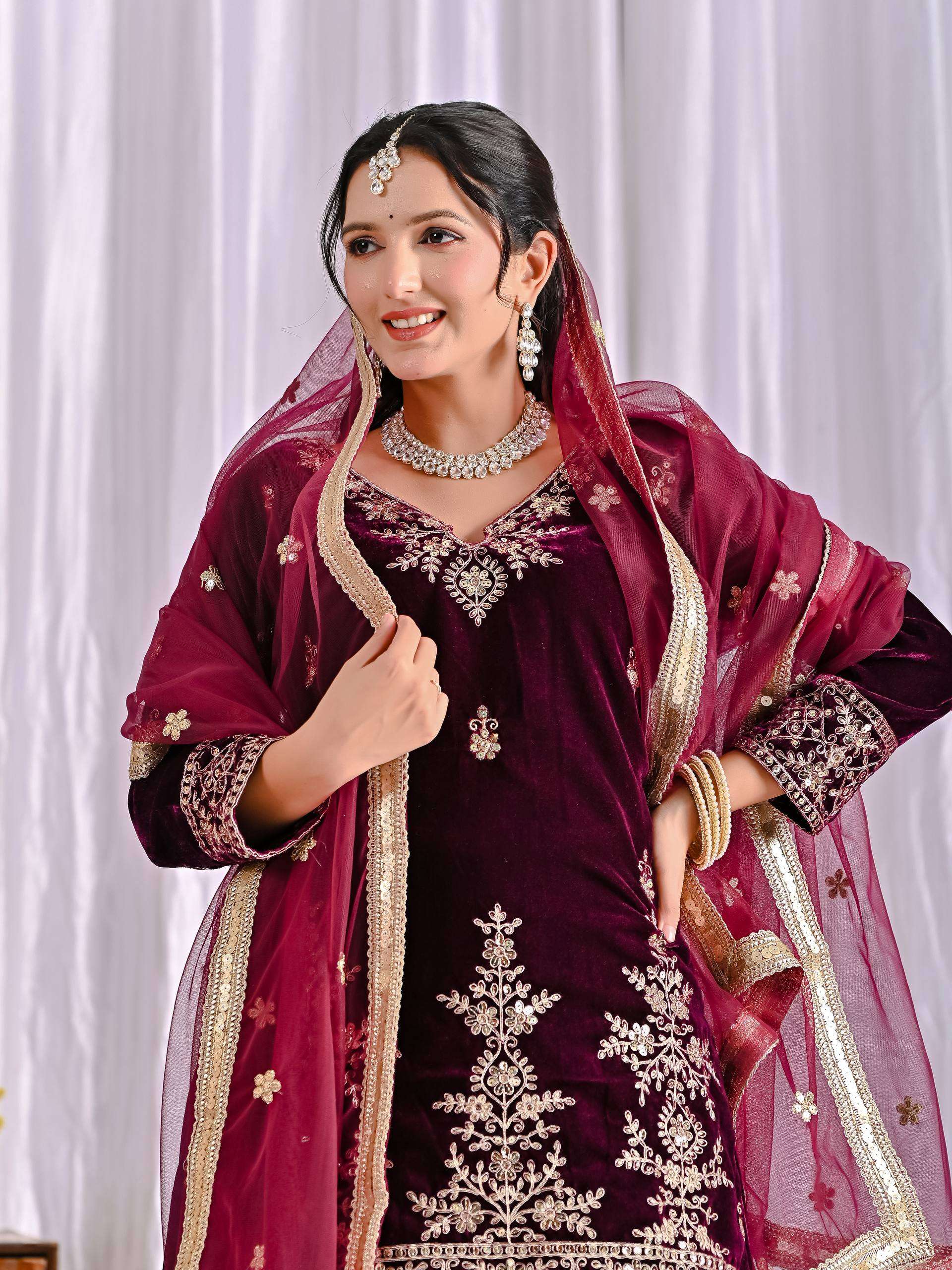 ND 5052 VISCOSE VELVET EMBROIDERED DESIGNER FUNCTION WEAR SHARARA SUIT