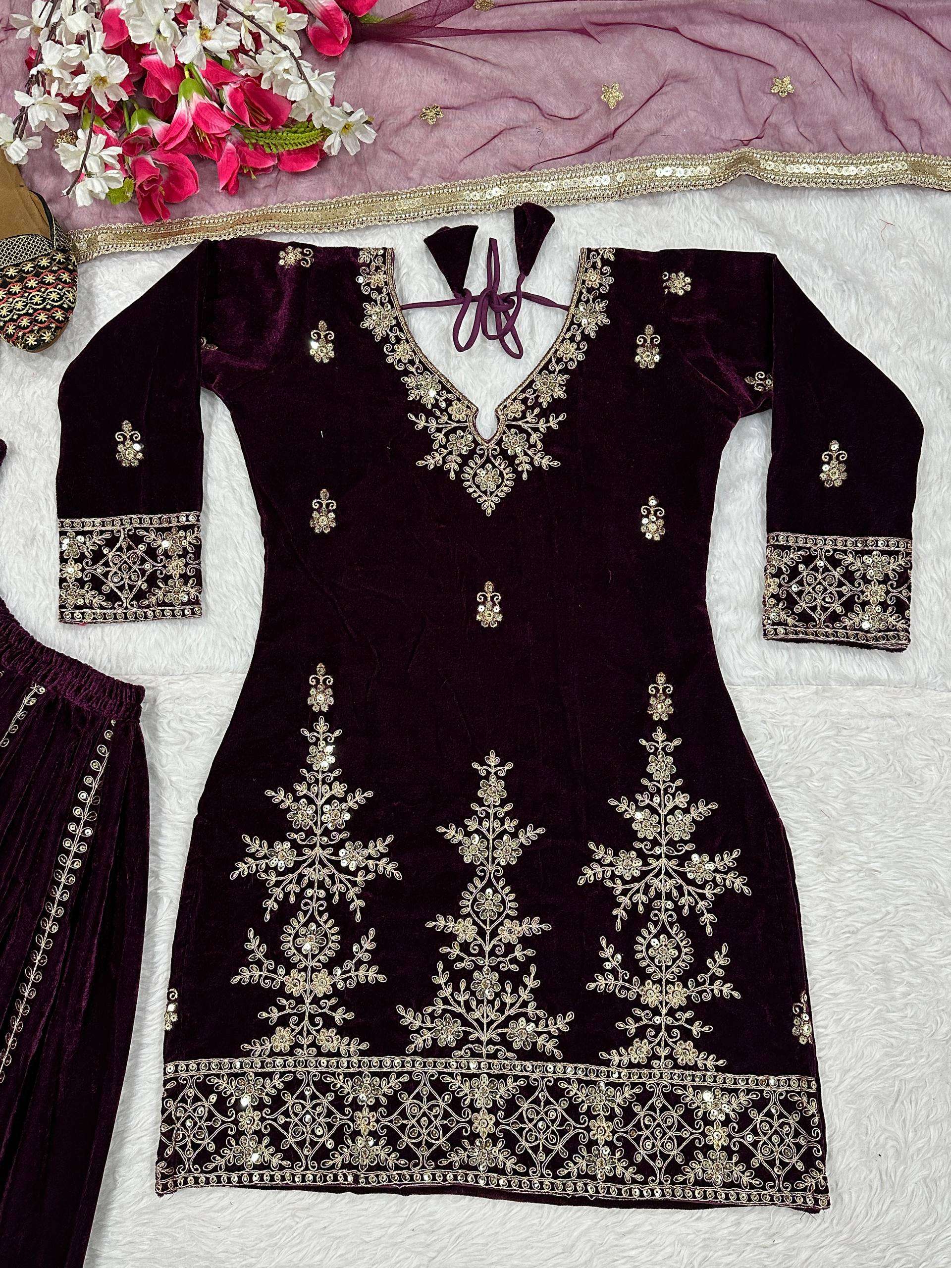 ND 5052 VISCOSE VELVET EMBROIDERED DESIGNER FUNCTION WEAR SHARARA SUIT