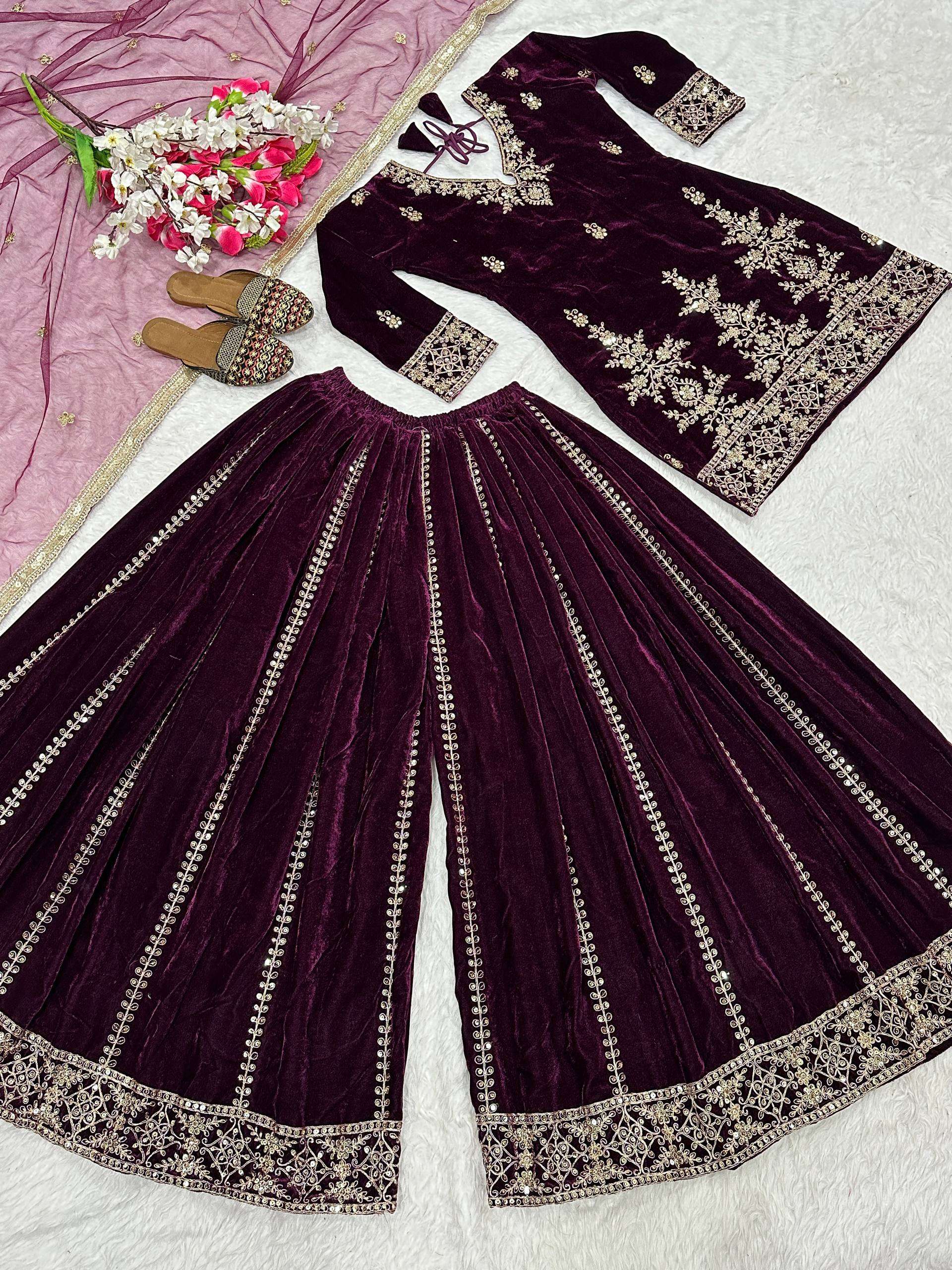 ND 5052 VISCOSE VELVET EMBROIDERED DESIGNER FUNCTION WEAR SHARARA SUIT