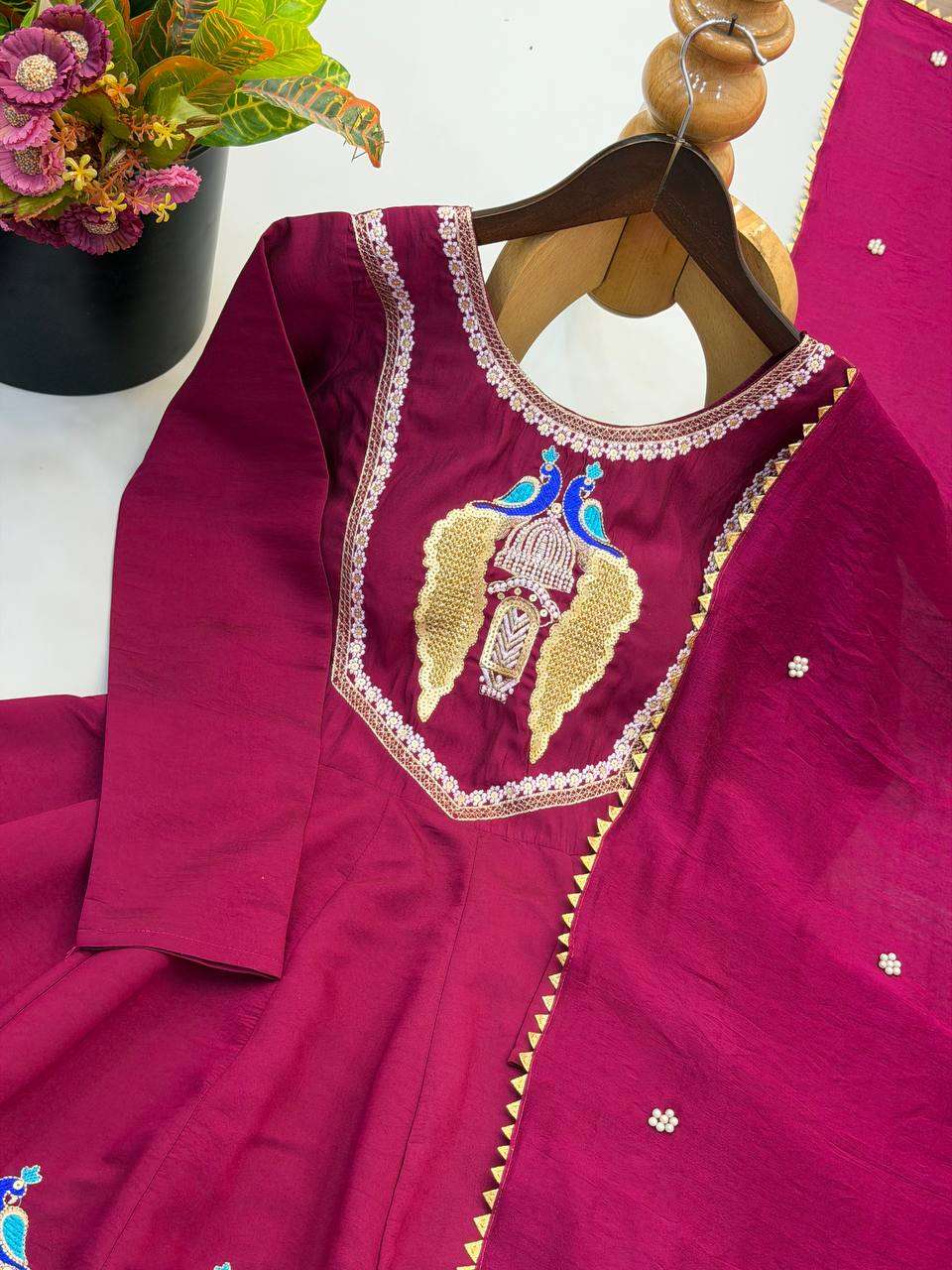NSR 916 SILK EMBROIDERED ANARKALI STYLE GOWN BOTTOM AND DUPATTA SET 