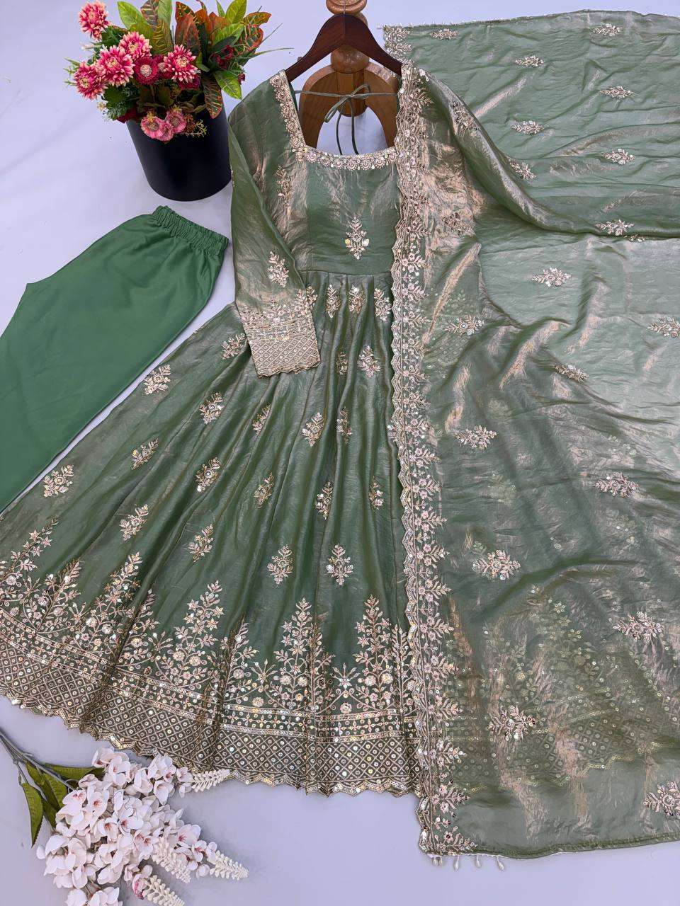 NSR 918 SILK HEAVY SEQUENCE EMBROIDERY DESIGNER GOWN PANT WITH DUPATTA SET 